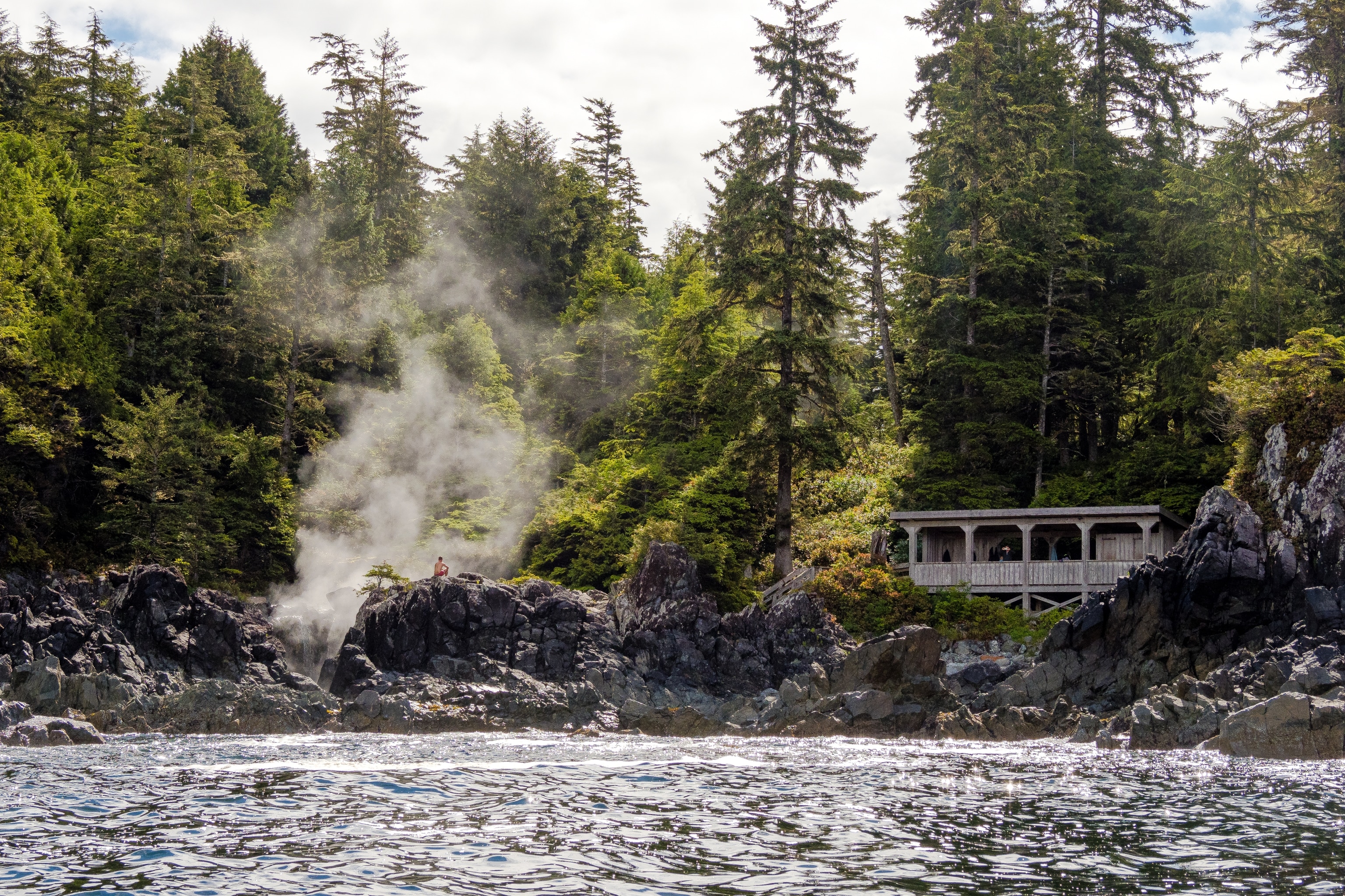 Hot springs with steam rising