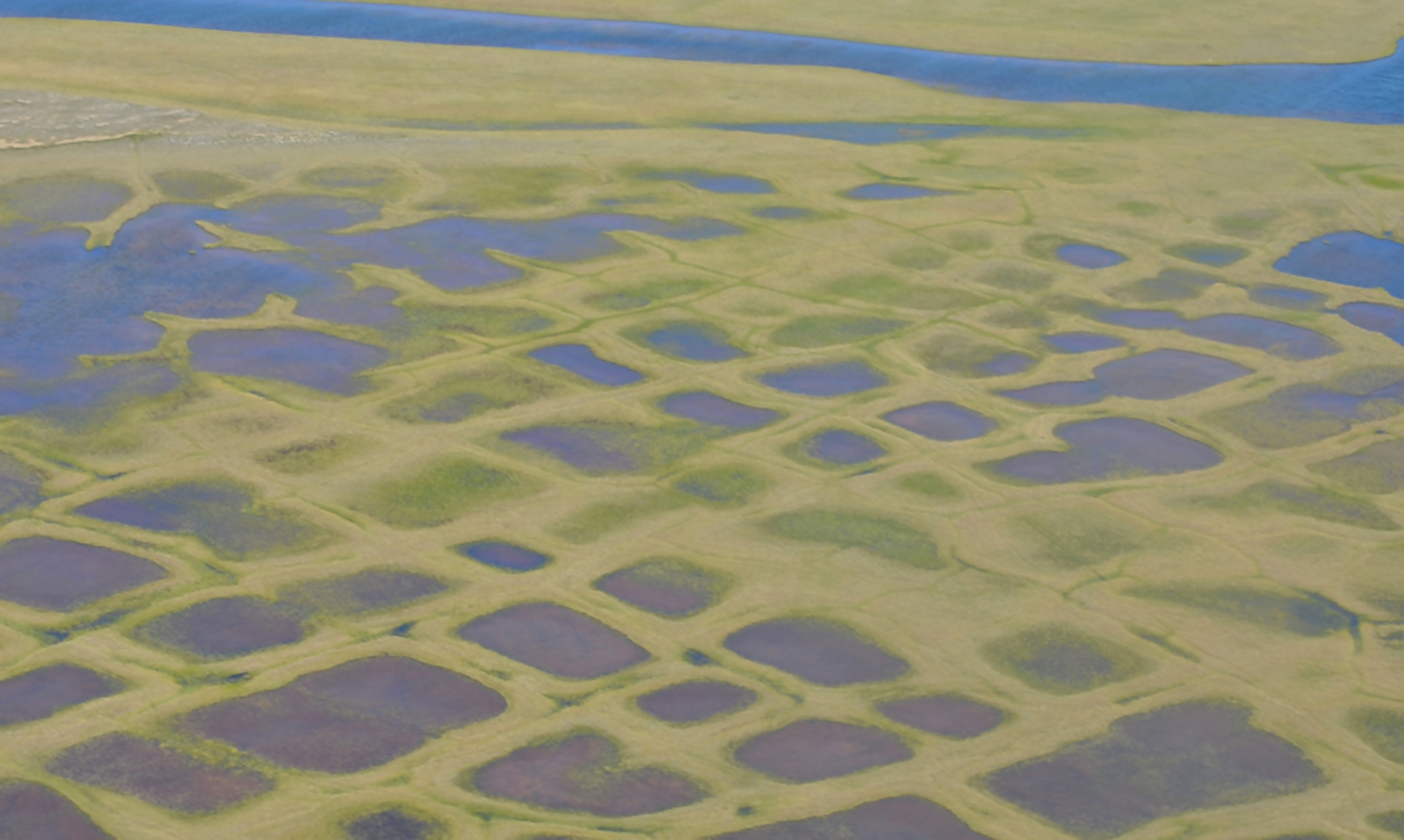 This photo taken during the CARVE experiment shows polygonal lakes created by melting permafrost on Alaska's North Slope. As the frozen soil melts, it shrinks, leaving cracks that fill with water. In winter the water-filled cracks freeze into ice wedges.