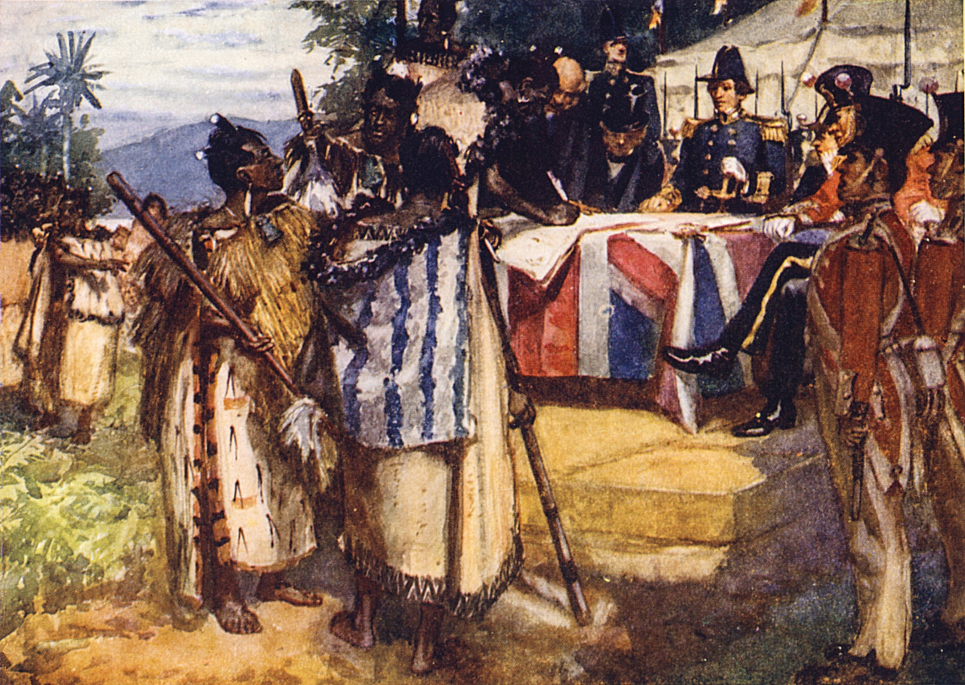 Illustration of several Māori chiefs signing the Treaty of Waitangi.