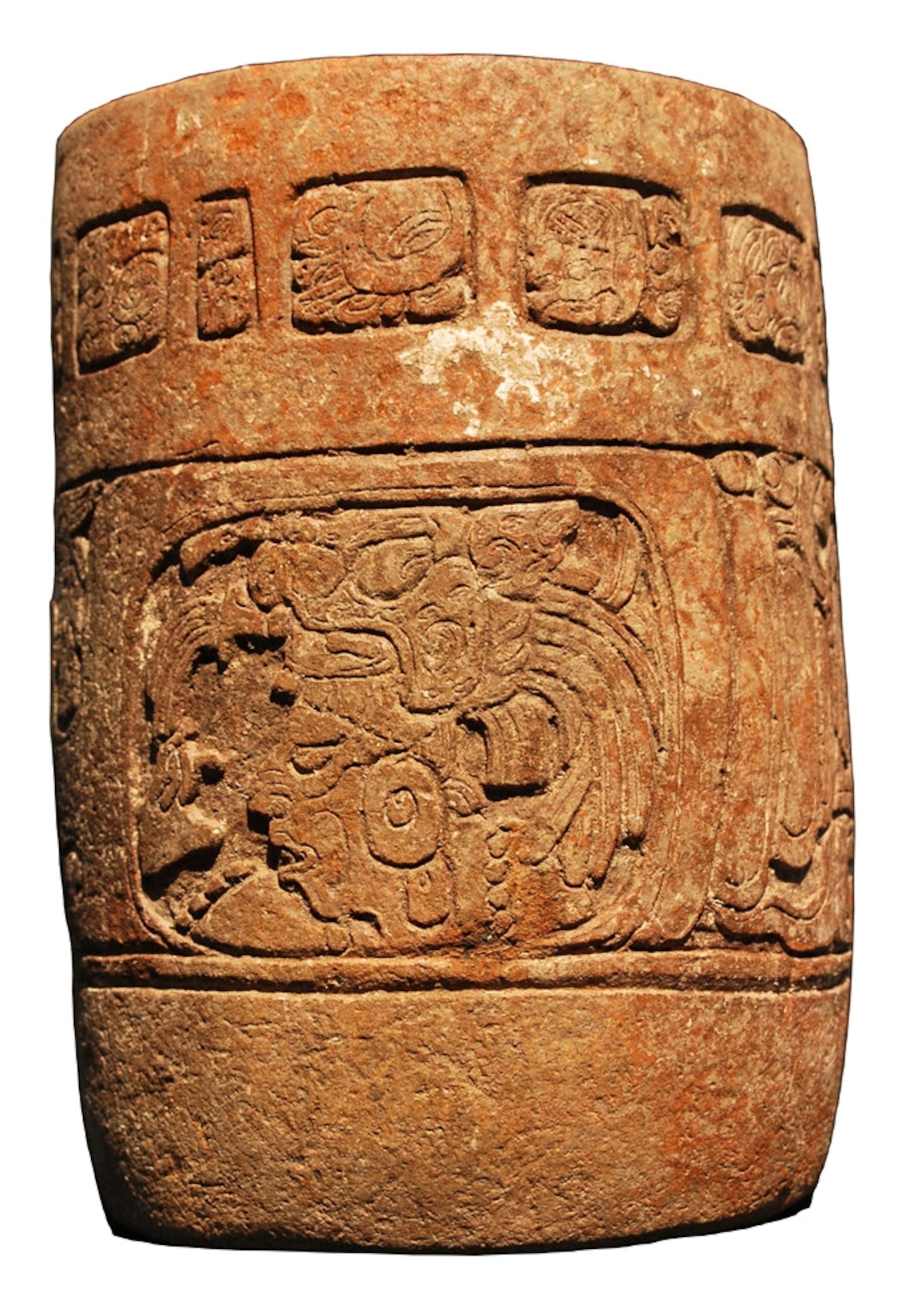 a ceramic vase adorned with the Maya sun god.