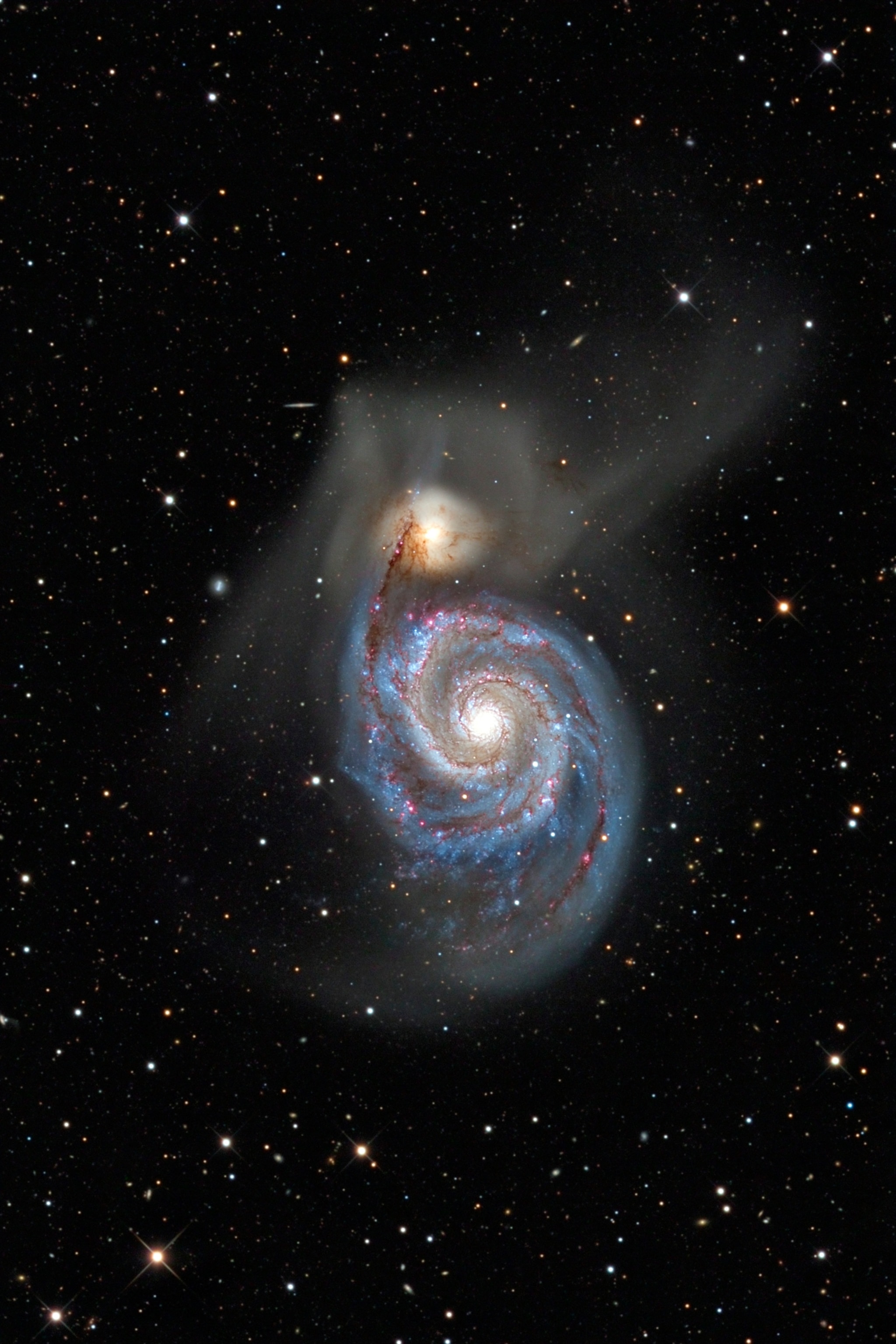Bibrant blue and white swirling arms of spiral galaxy M51, the Whirlpool Galaxy, set against a starry sky