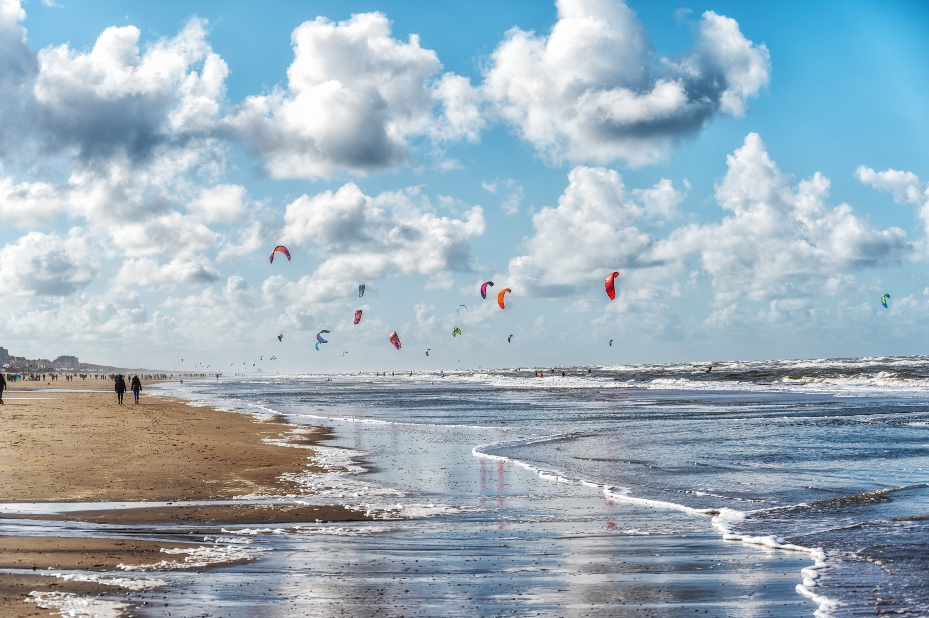 Kite surfers on the water of North Sea, Zandvoort, Netherlands.