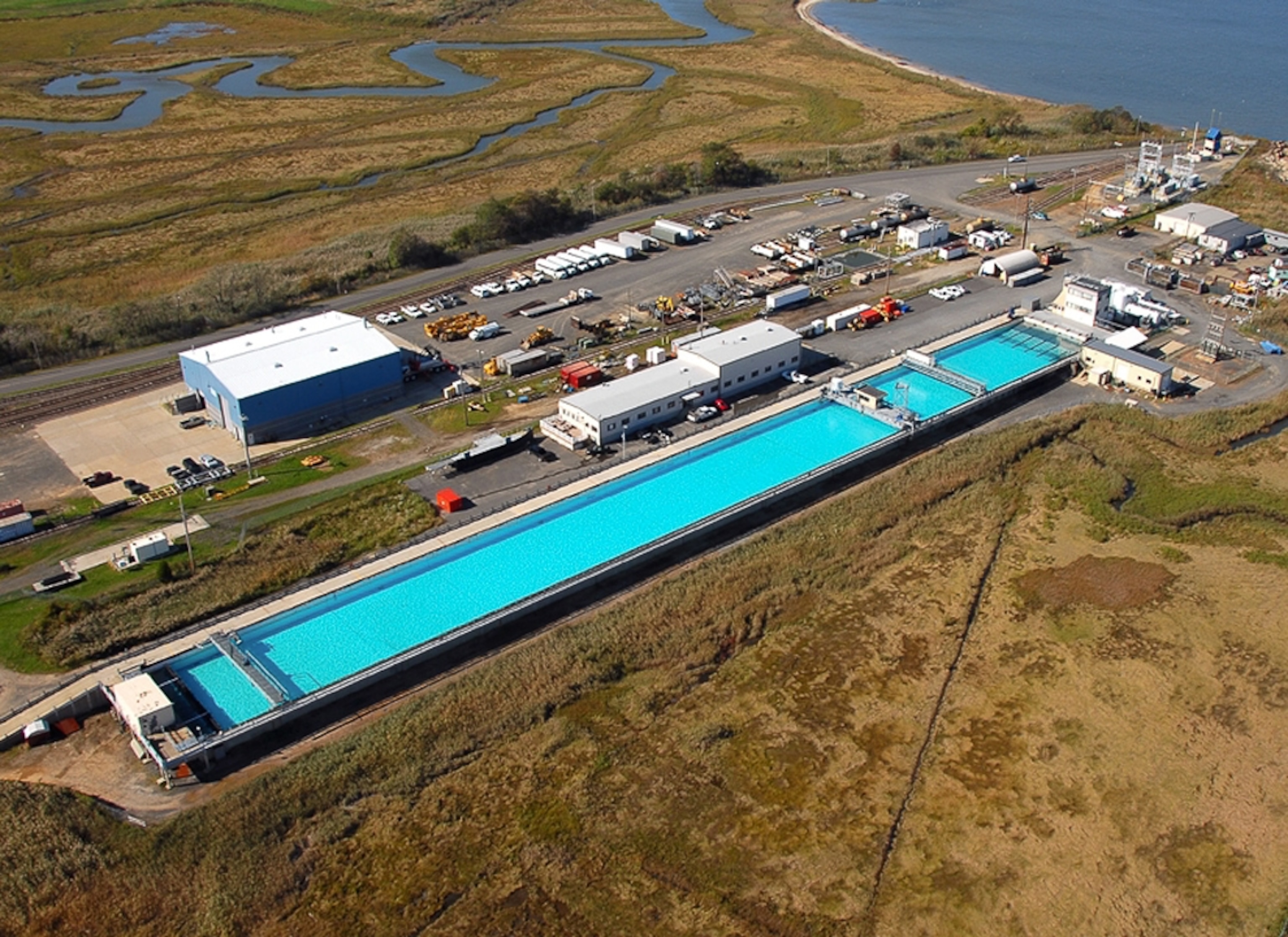 Aerial view of Ohmsett oil spill cleanup research tank, Leonardo, New Jersey