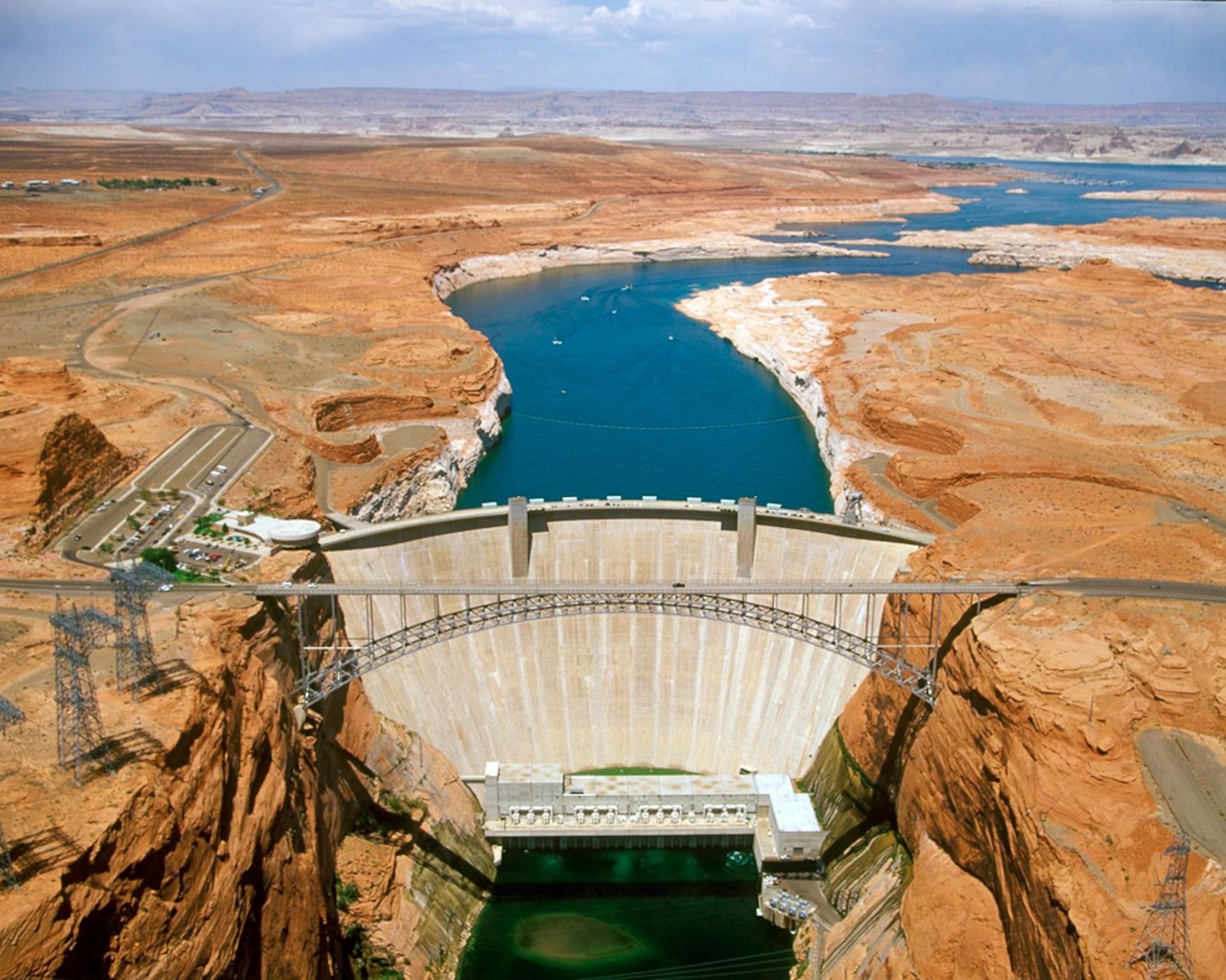 Aerial view of Glen Canyon Dam on the Colorado River in Page, Arizona.