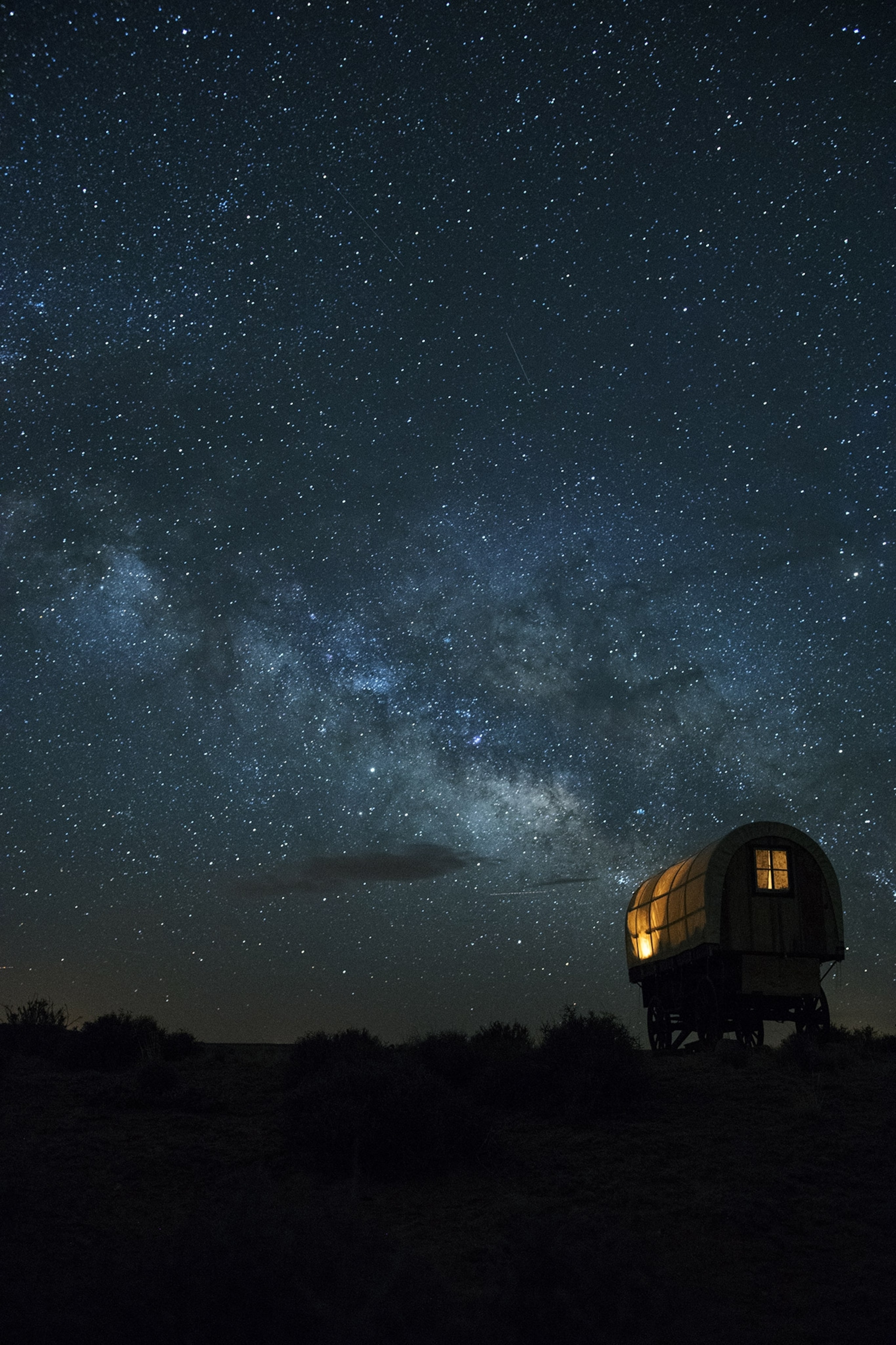 A small, warmly lit hut stands in a dark empty landscape with a streak of stars across the sky