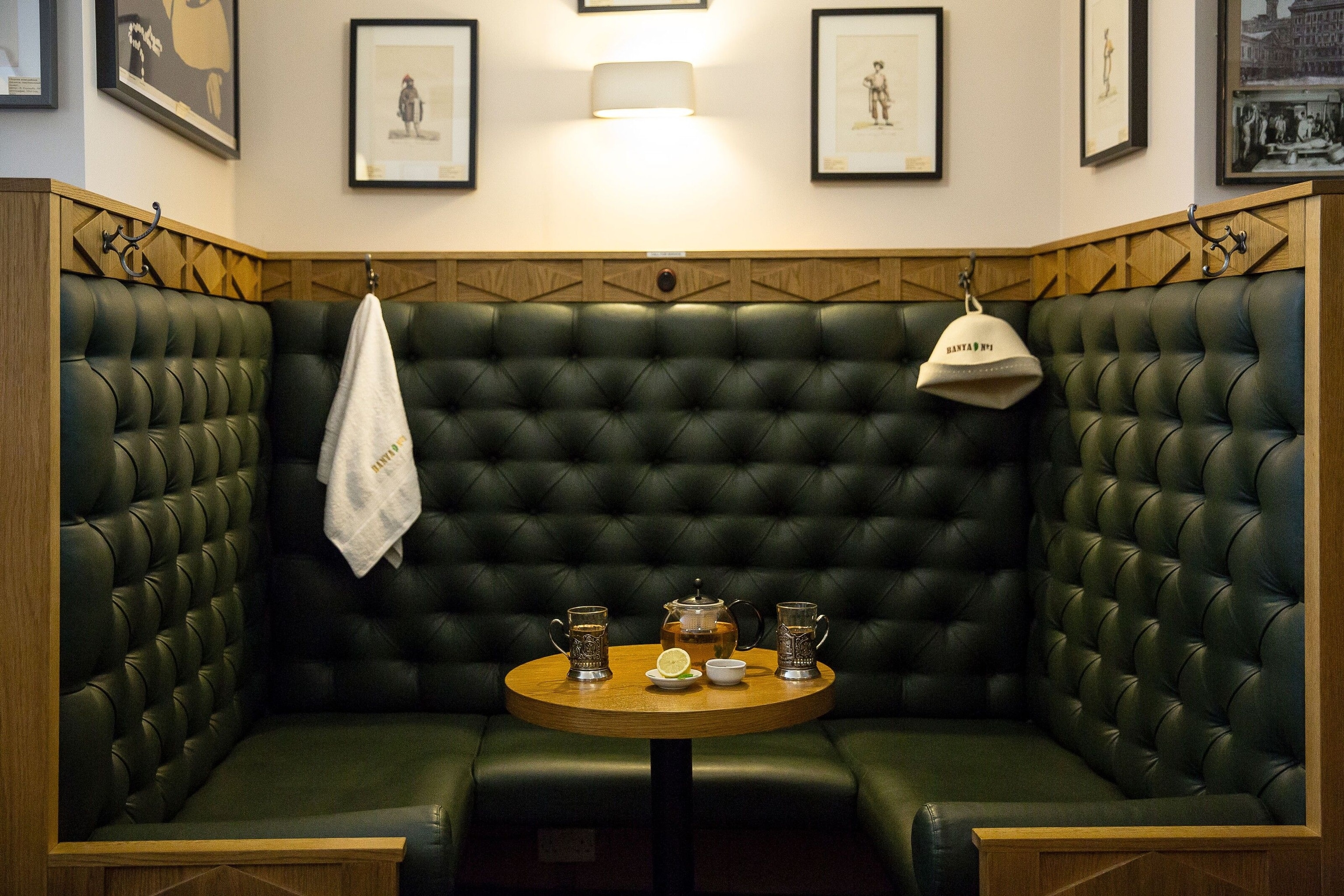 Right: Between treatments and stints in the spa, treat to Banya No.1's lounge to rehydrate and refuel with fermented kvass and other Russian fare.