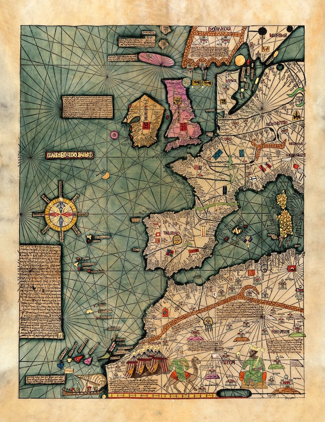 Pictured is leaf III of the Catalan Atlas by Abraham Cresques from the 1370s.