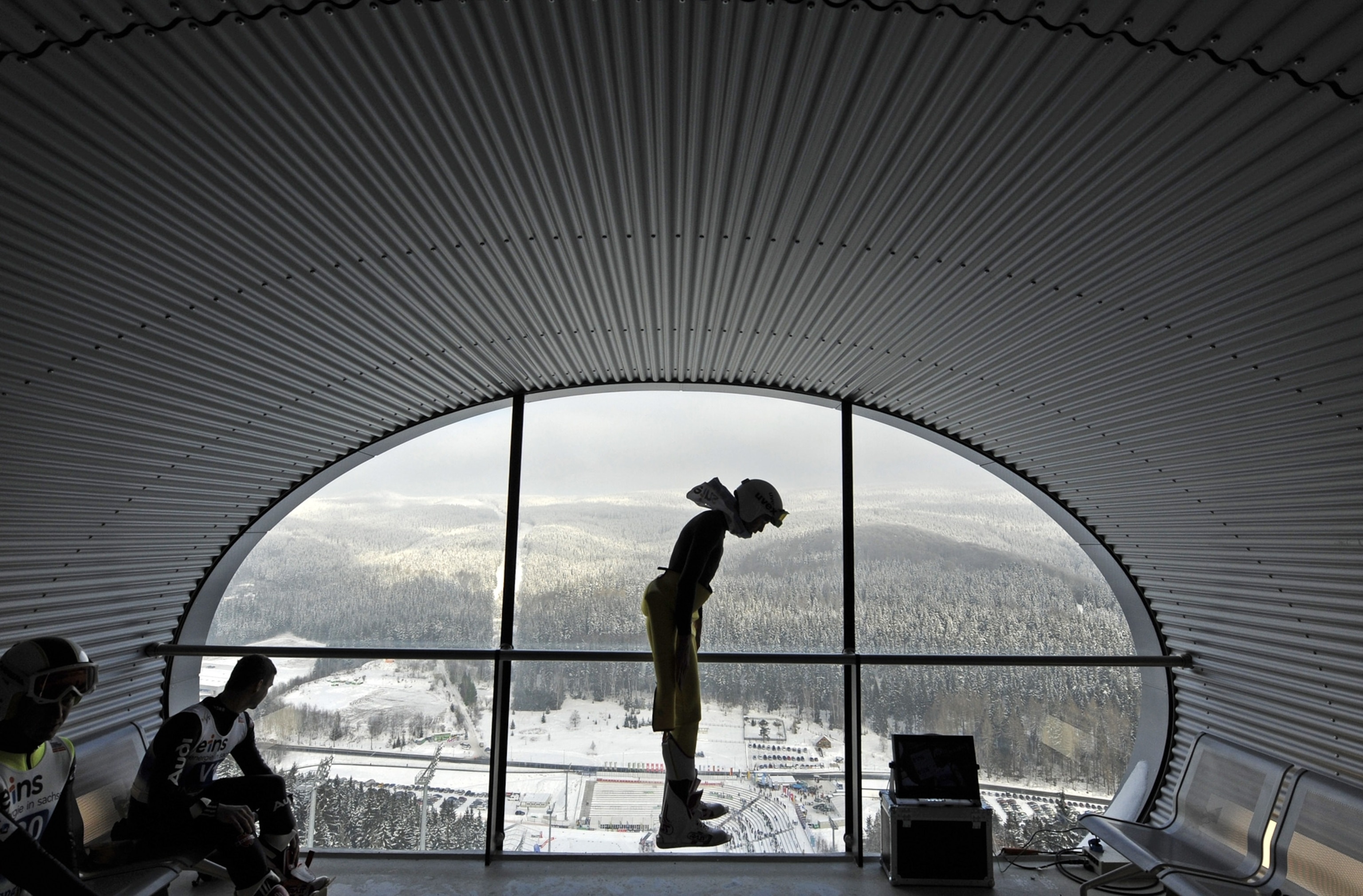 an athlete warming up before taking to the slopes in the Gundersen ski-jumping competition