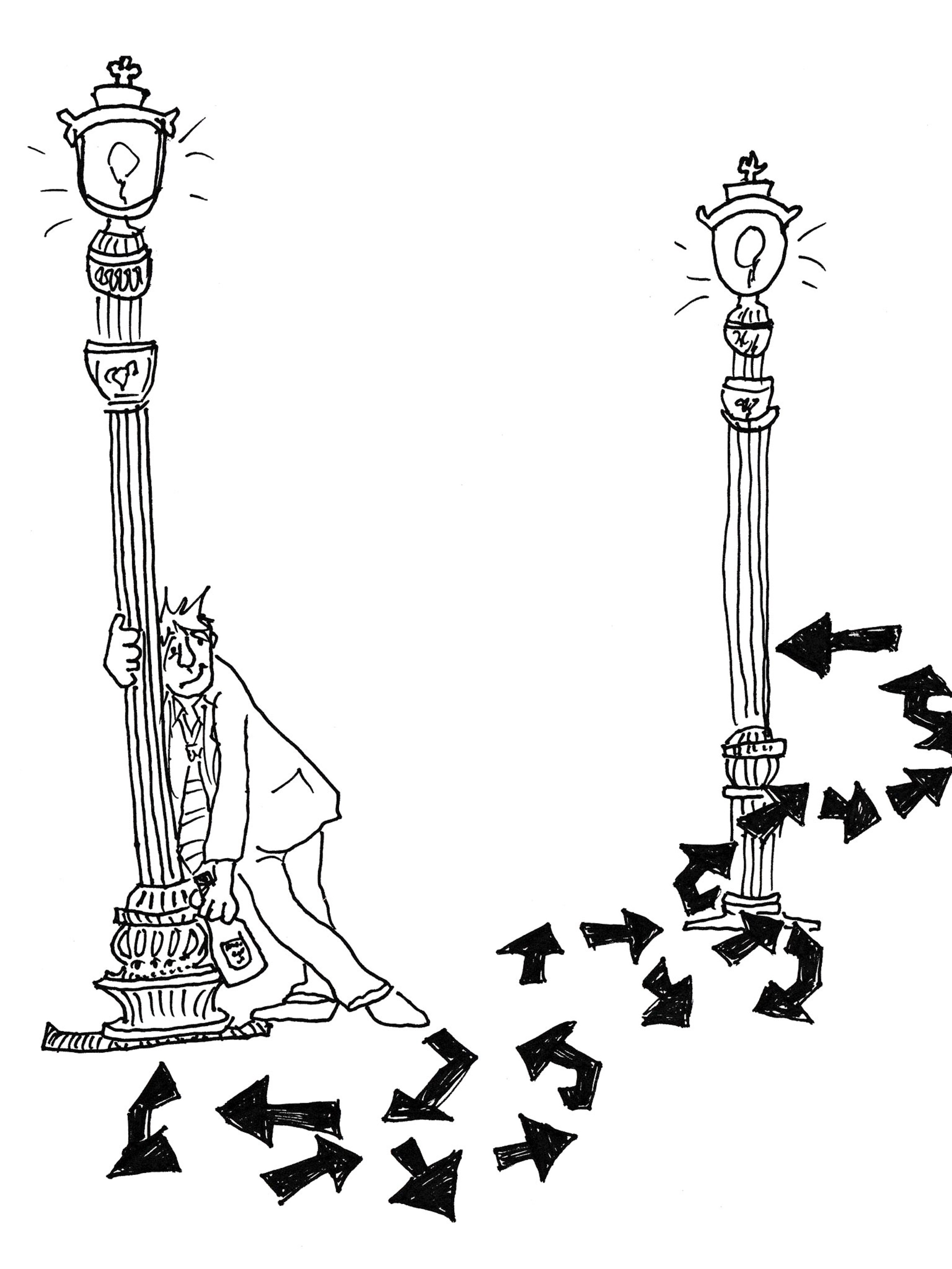 Drwaing of a drunk man leaning on a light pole with a crazy zig zagged path of arrows leading him to a nearby light post