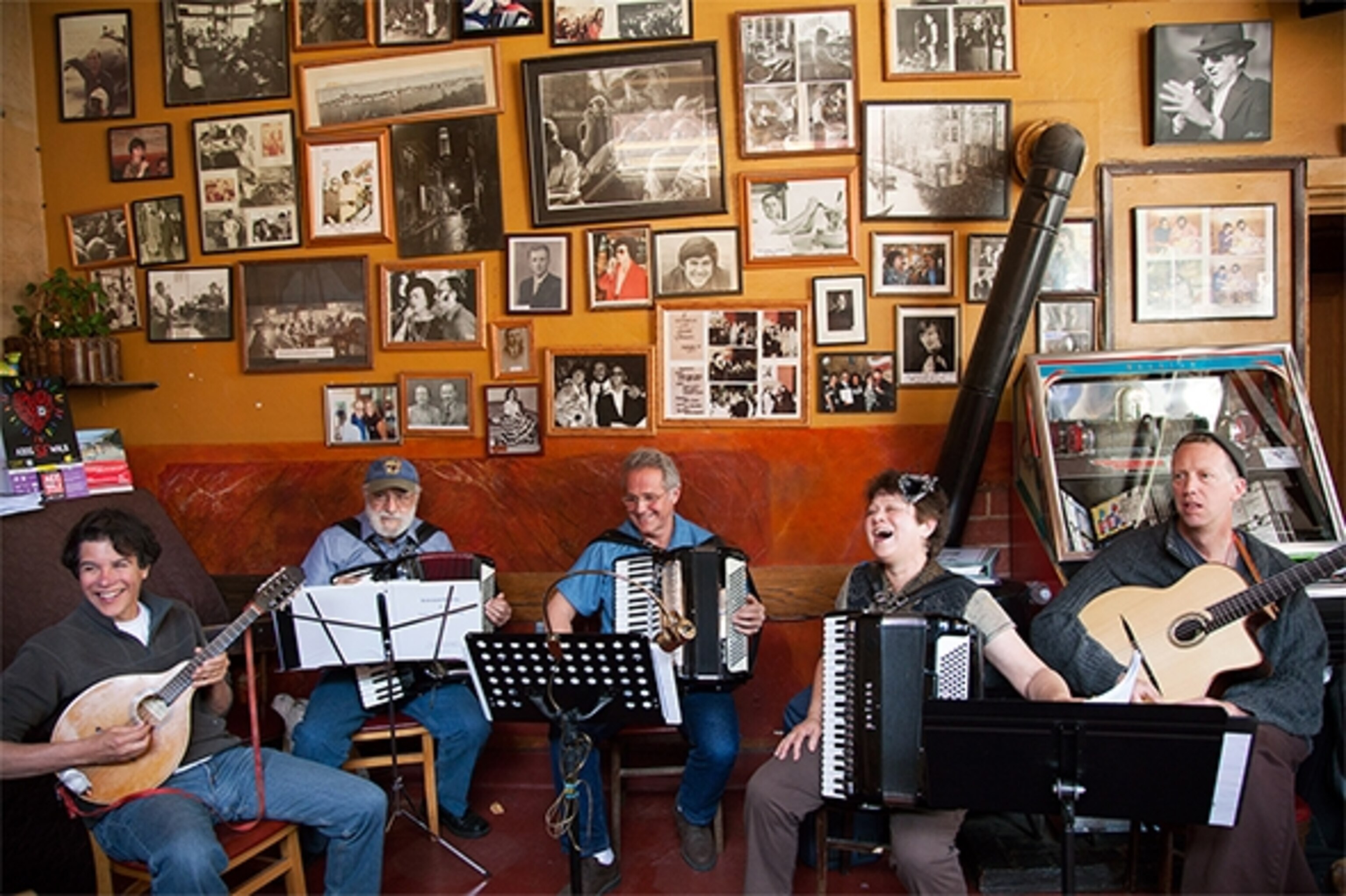 Located in the heart of North Beach, beatnik Caffe Trieste hosts lively concerts most Saturdays. The concerts are the longest running musical show in San Francisco. Members of the Giotta family--owners of the cafe--and local musicians gather for impromptu jazz and opera sessions. (Photograph by Catherine Karnow)