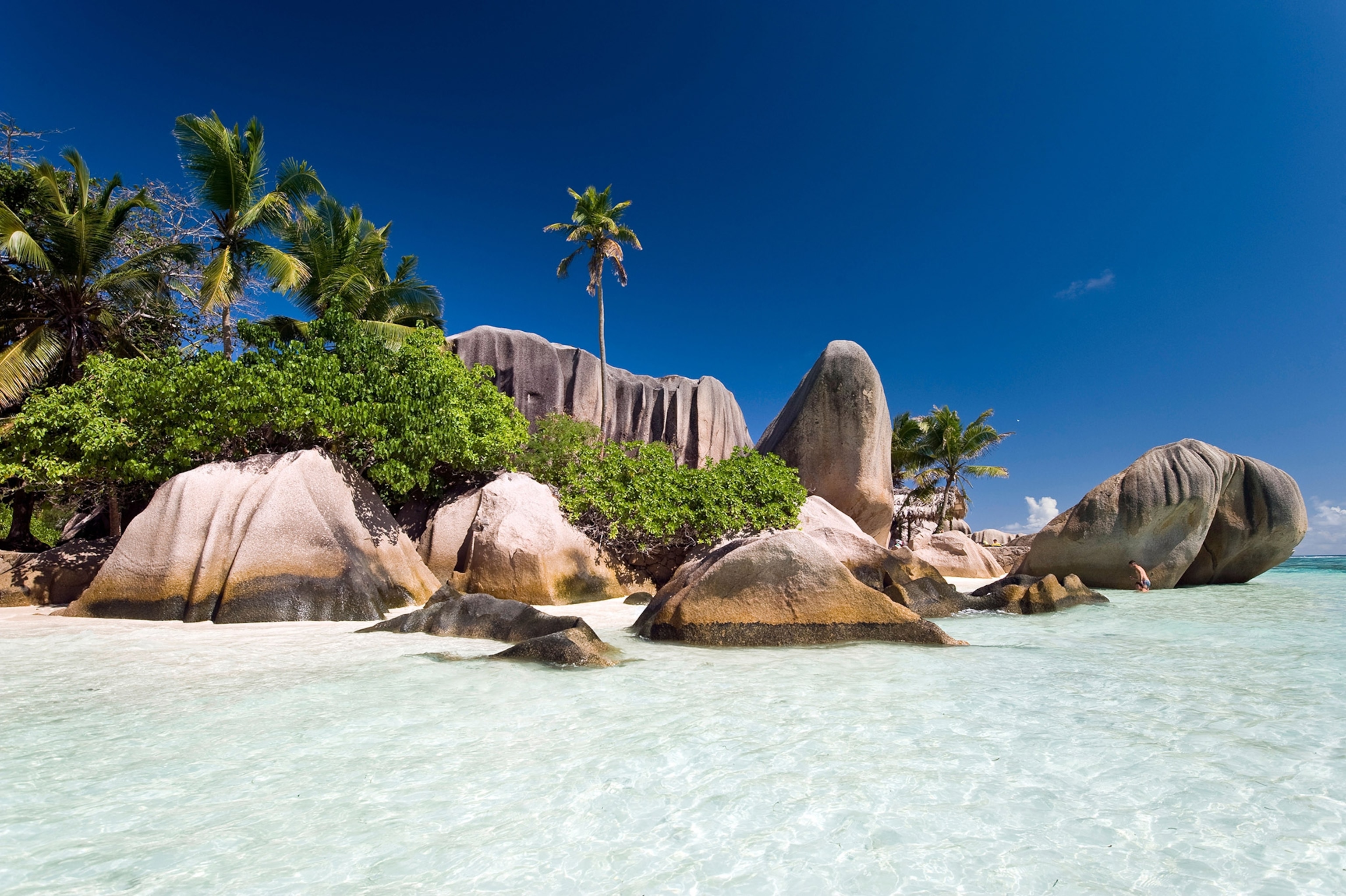Clear light turquoise water in foreground, smooth, rounded, irregularly-shaped rock formations in background with greenery and palms to the left.
