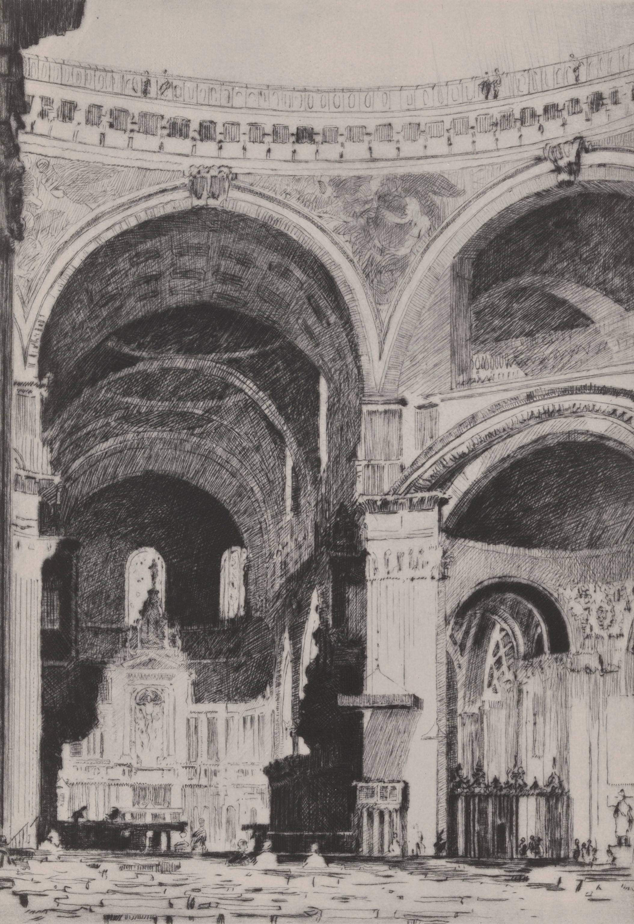 This drawing by Norman Wilkinson depicts Saint Paul's Cathedral.