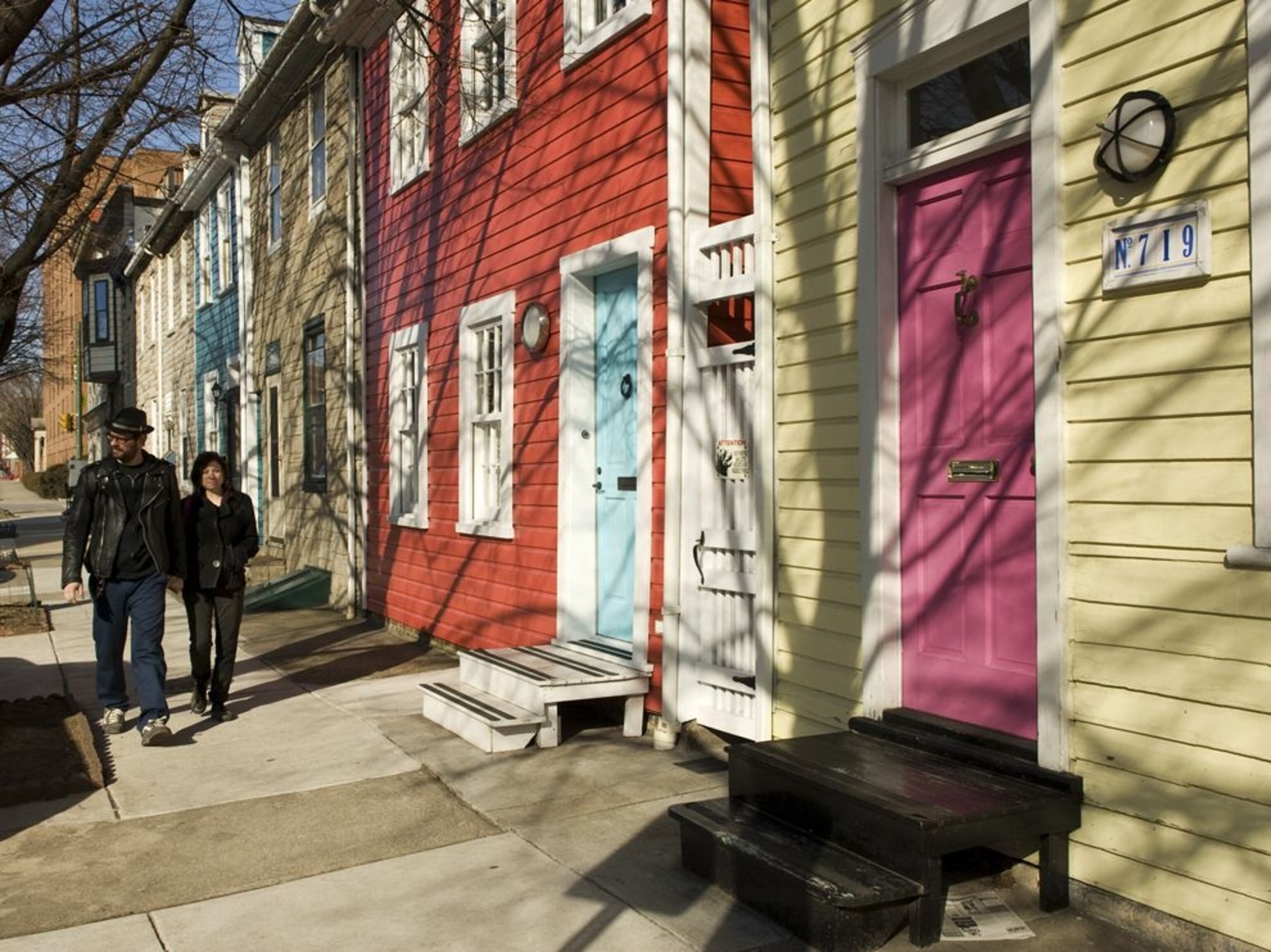 colorful houses on South Ann Street in the Fell's Point neighborhood of Baltimore.