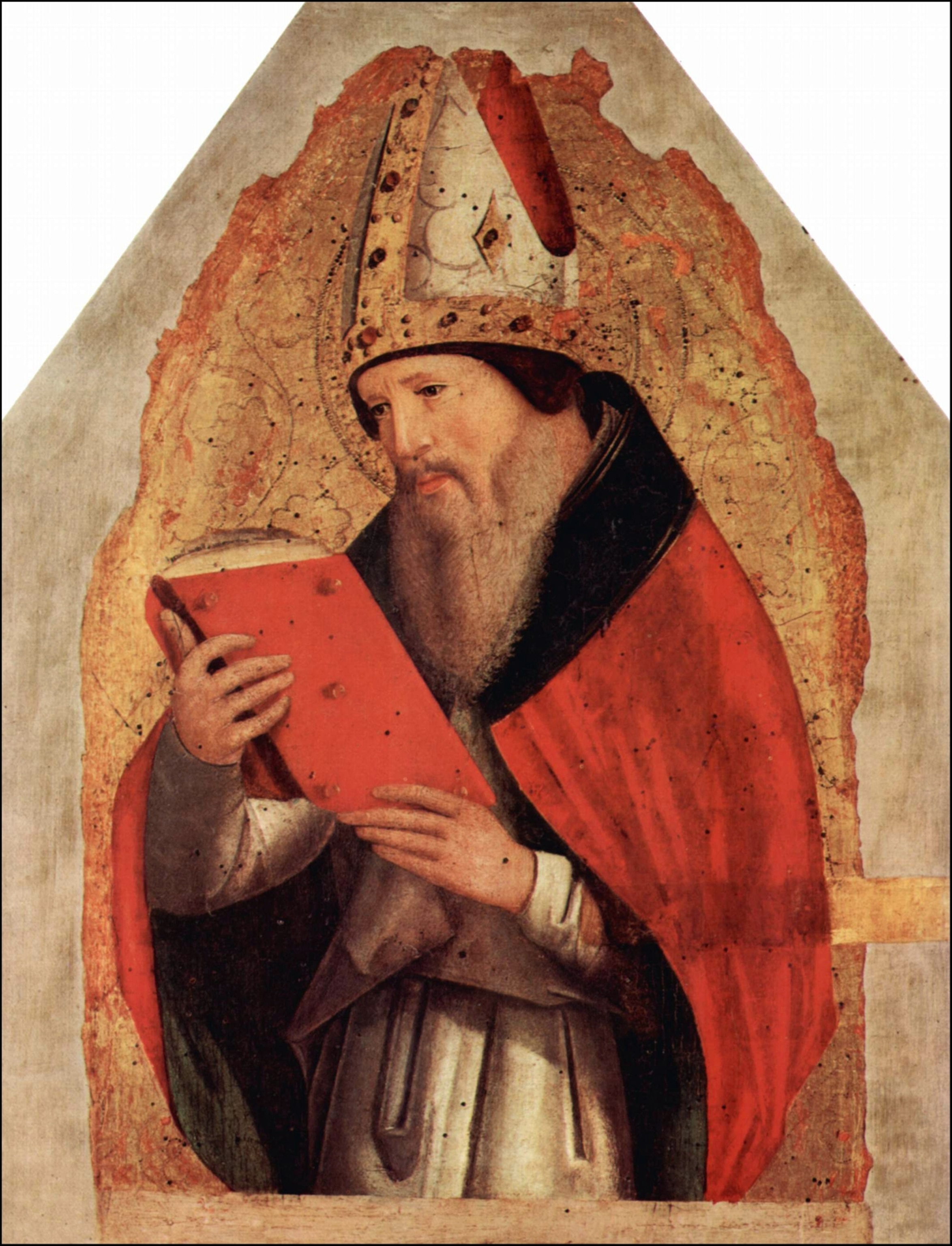 A medieval-style painting depicts a bearded bishop in a rich red robe and intricate mitre, focused on reading a large red book