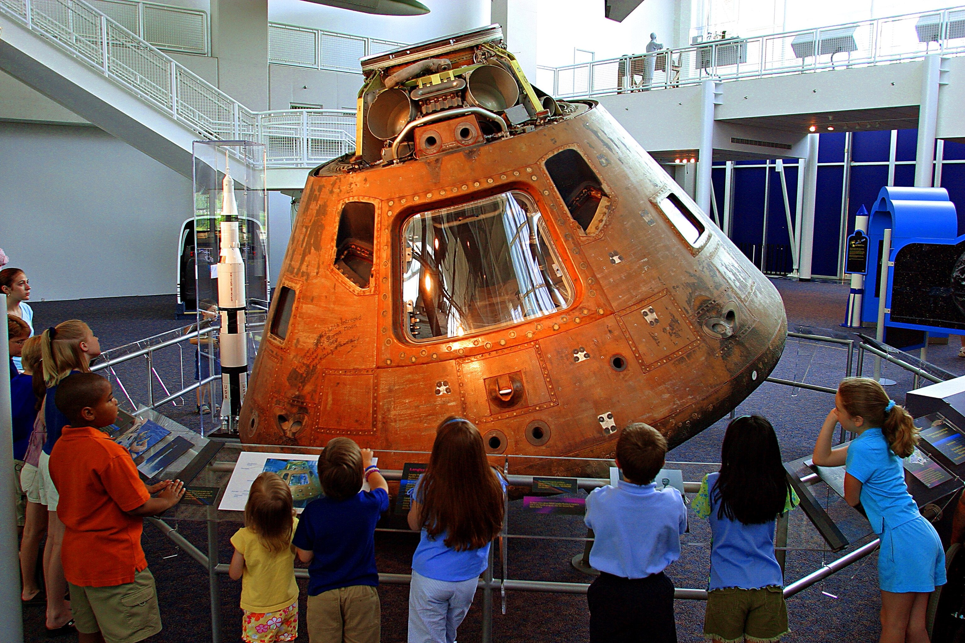 kids around a space artifact Virginia Air & Space Center in Hampton, Virginia