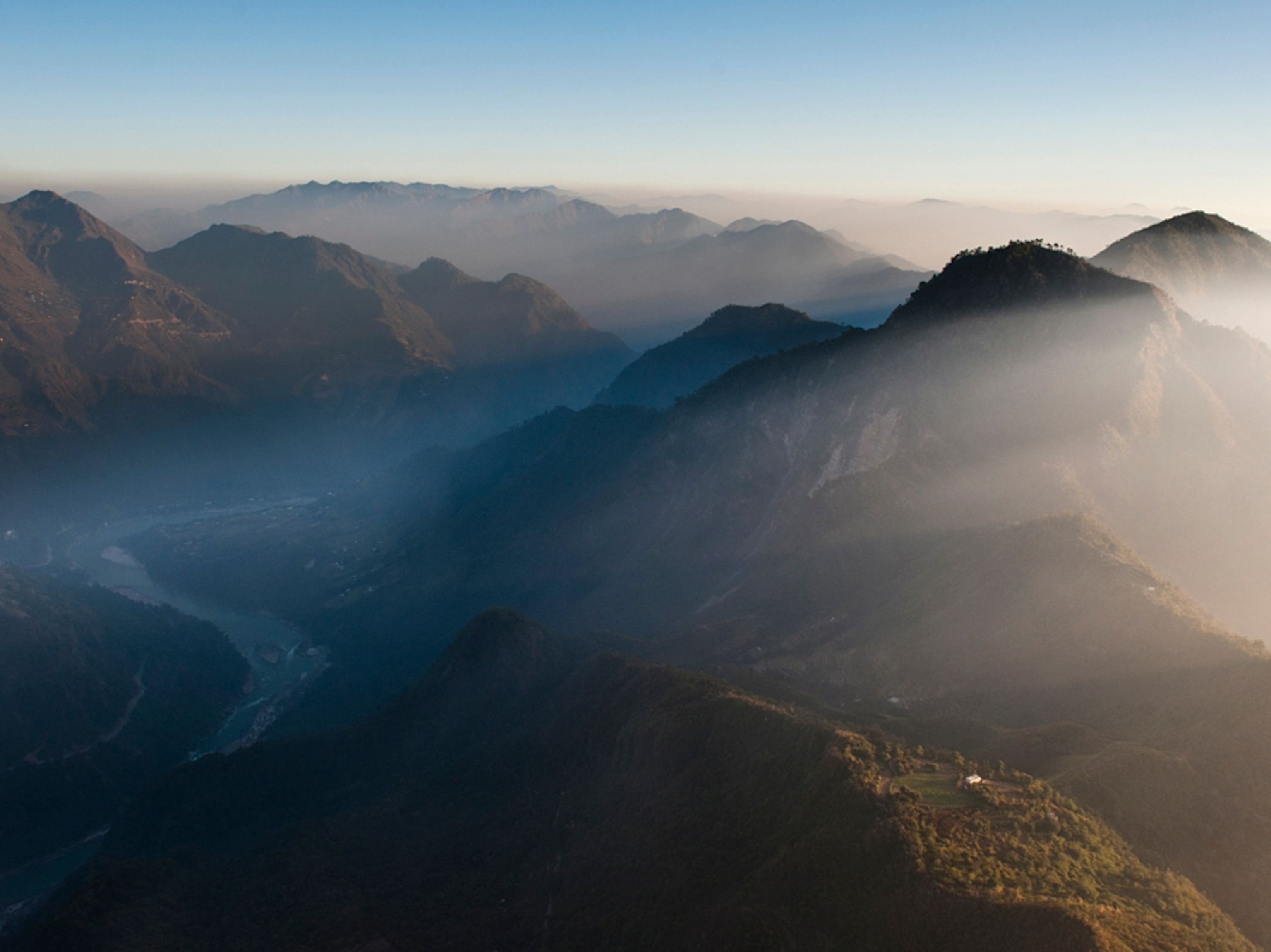 Aerial of Himalayan foothills and Ganges River