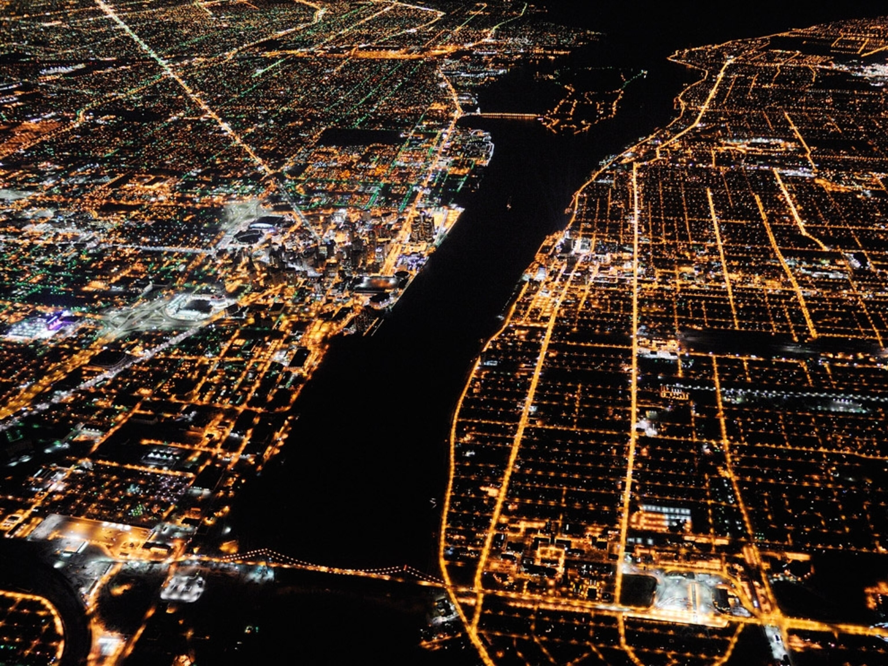 Aerial view of a city at night