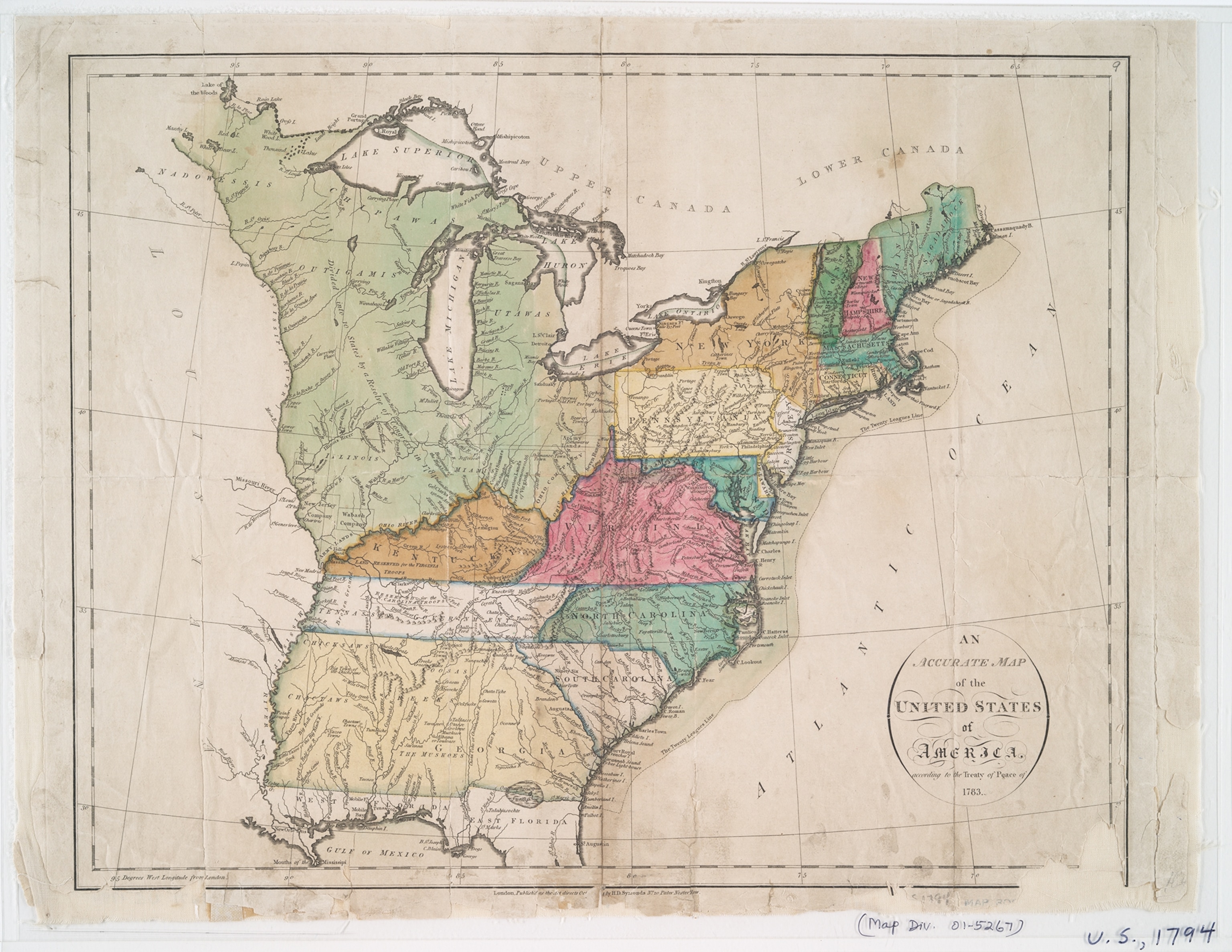 This map drawn in 1783 shows territory ceded that year by Great Britain to the United States in the treaty that ended the Revolutionary War, including the original 13 states and what would become the states of Vermont (admitted in 1791), Kentucky (1792), and Tennessee (1796).