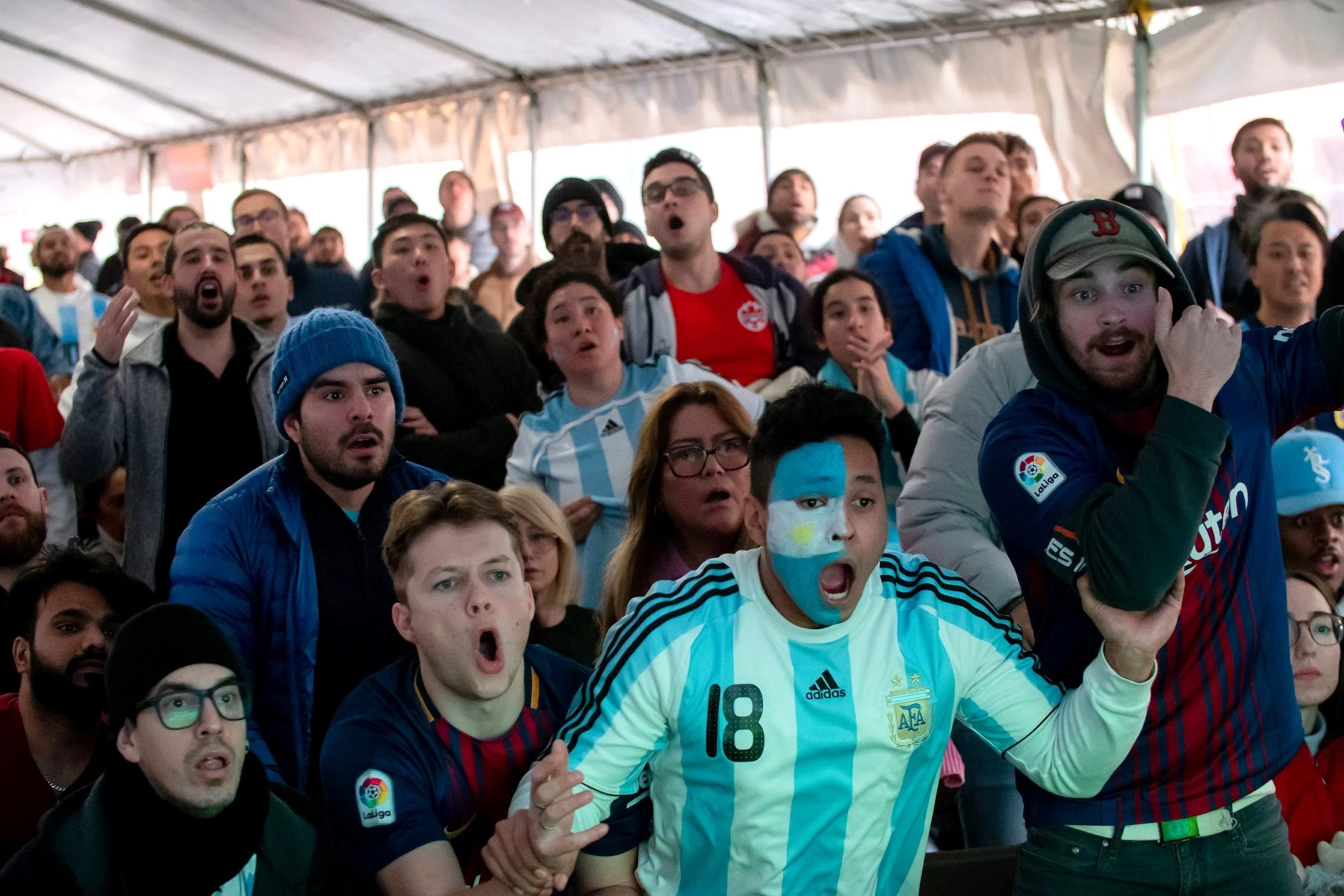 A crowd faces off camera with looks of excitement and surprise on their faces, one in the foreground has face painted blue and white and wears a blue and white jersey