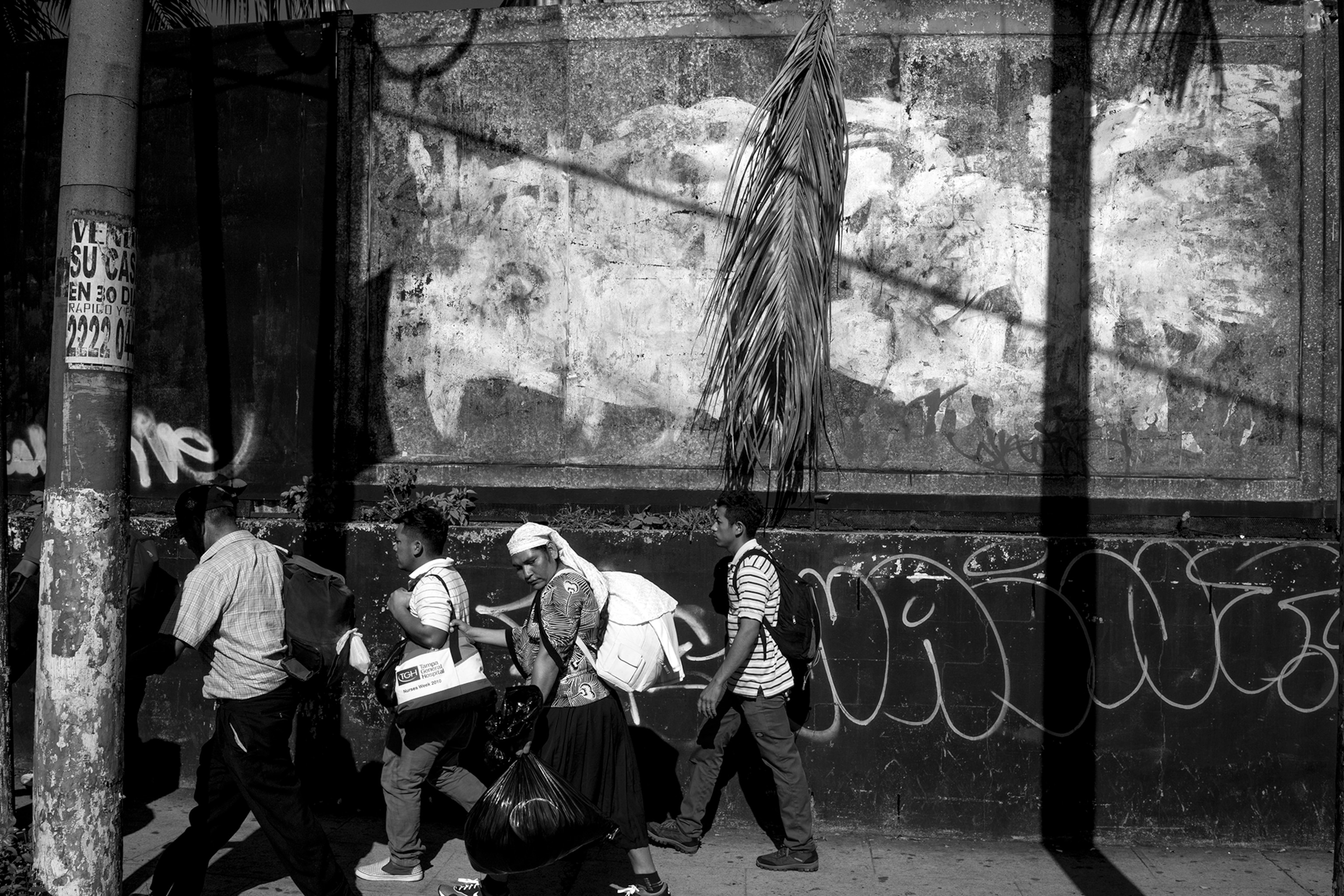 men and a women with a white backpack walking next to a graffitied wall and a palm tree