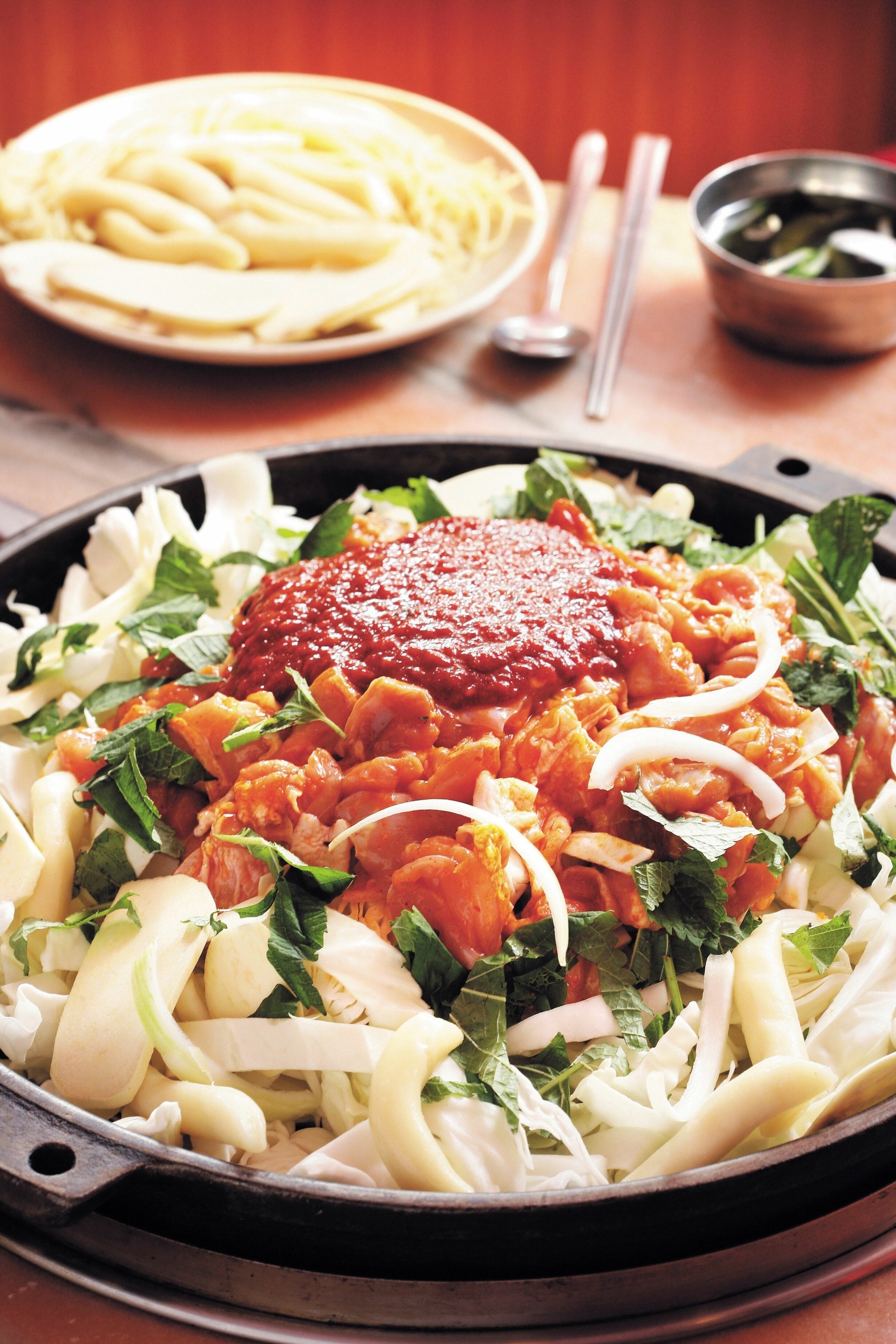 One of the most popular dishes in Gangwon: dak galbi — a spicy stir-fried chicken dish that originates from Chuncheon.