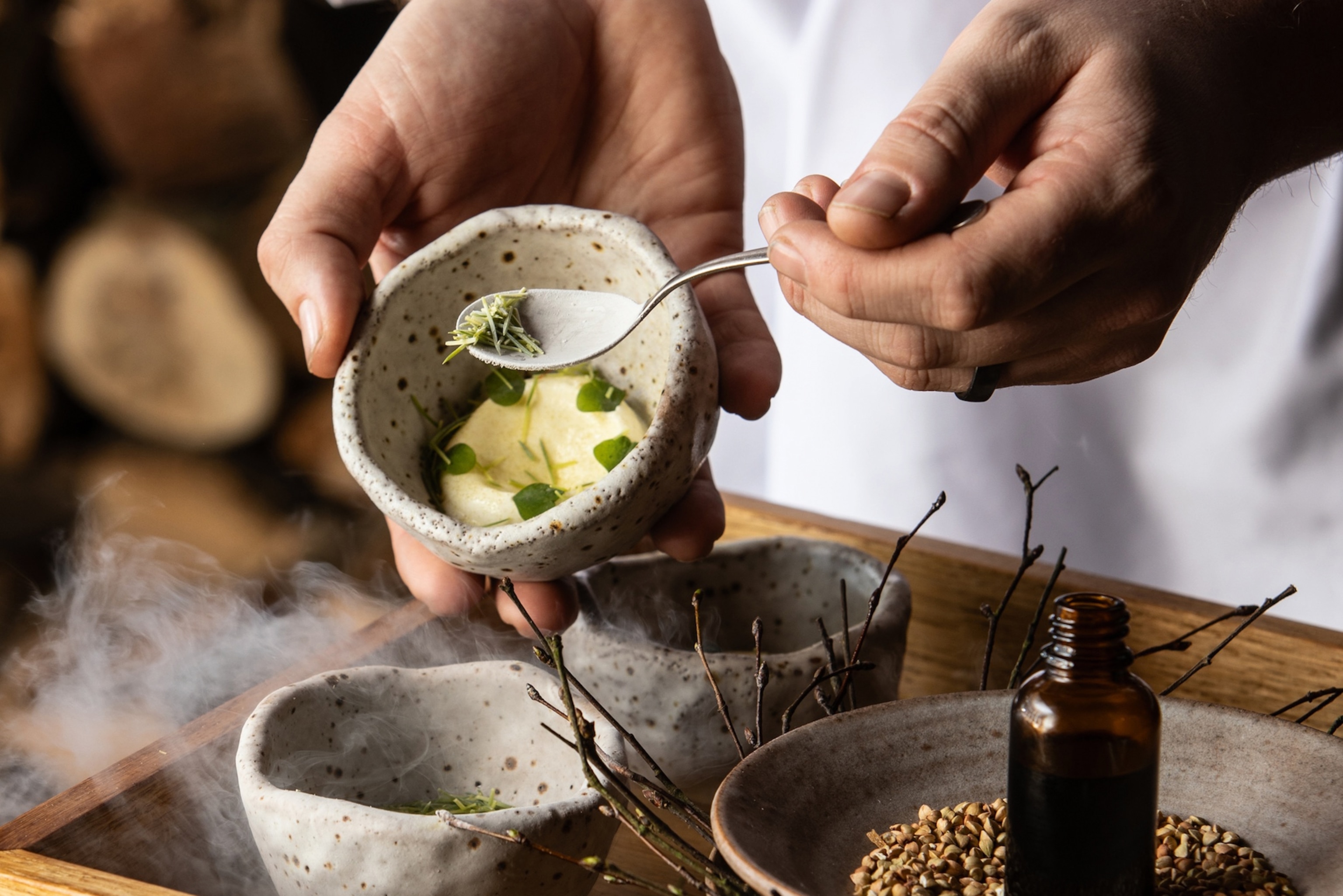 Foraged ingredient Douglas fir served with yoghurt at The Black Swan.