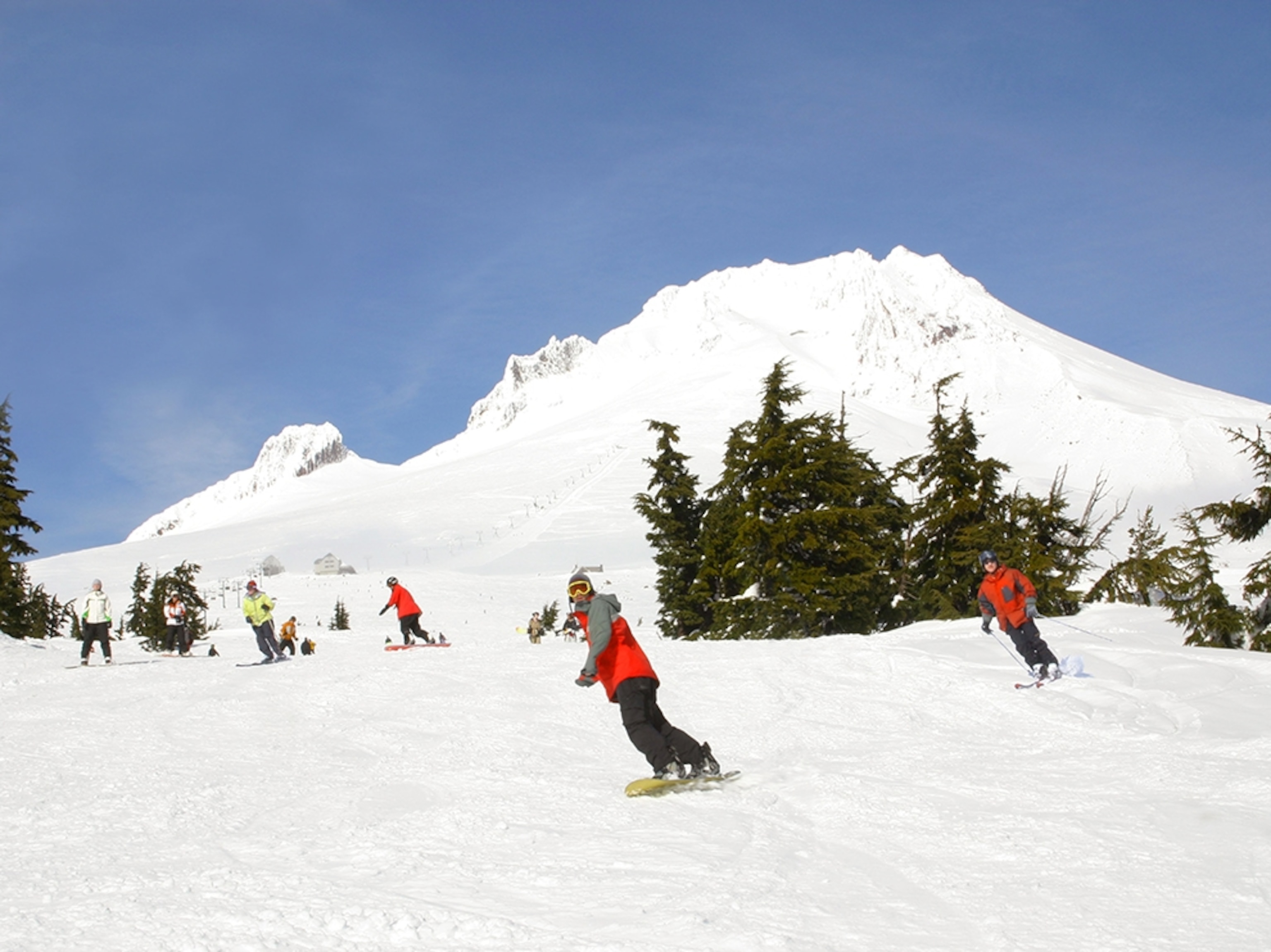 skiers and snowboarders riding down the slopes of Timberline Lodge ski area, Oregon