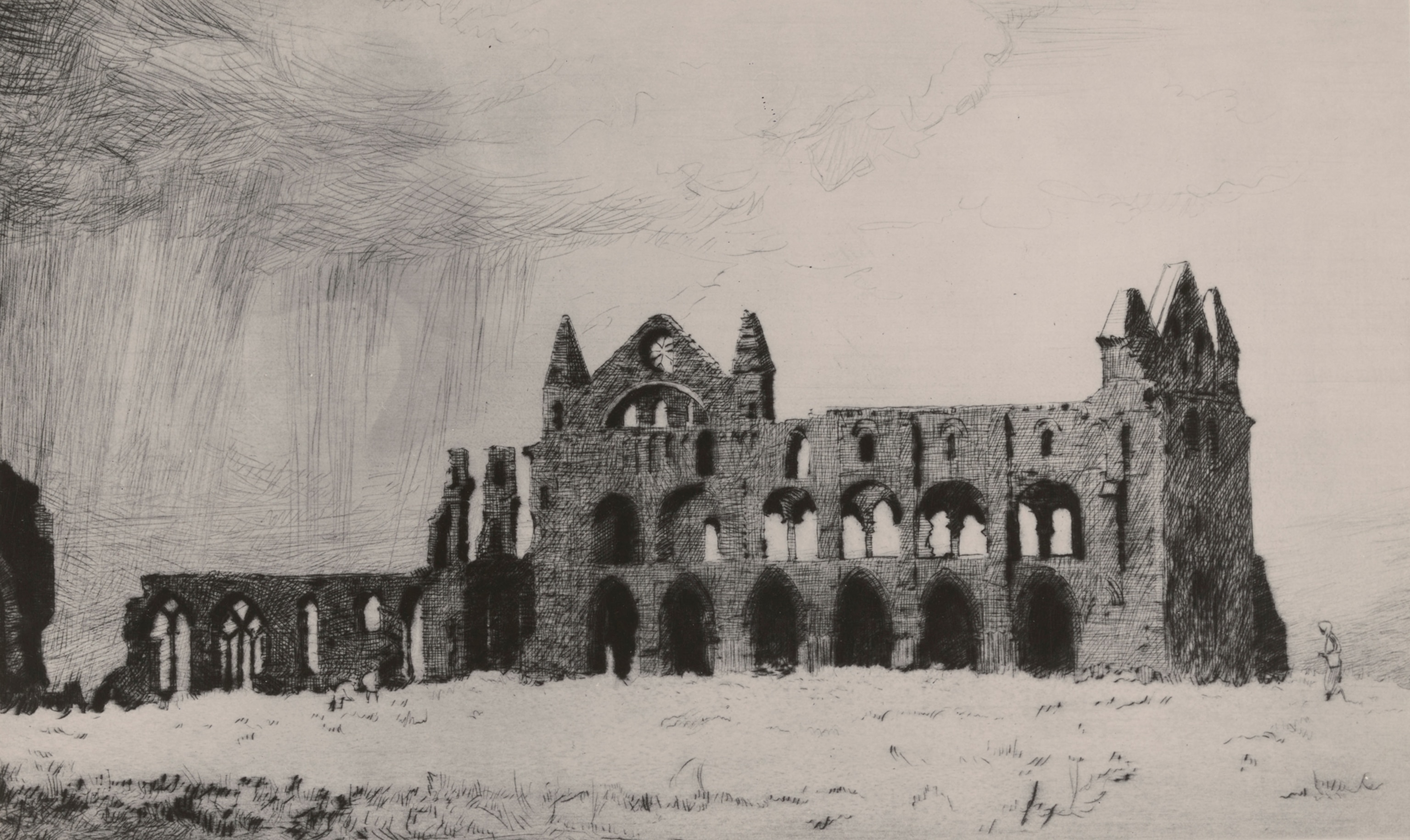 This drawing by Norman Wilkinson depicts the Whitby Abbey.