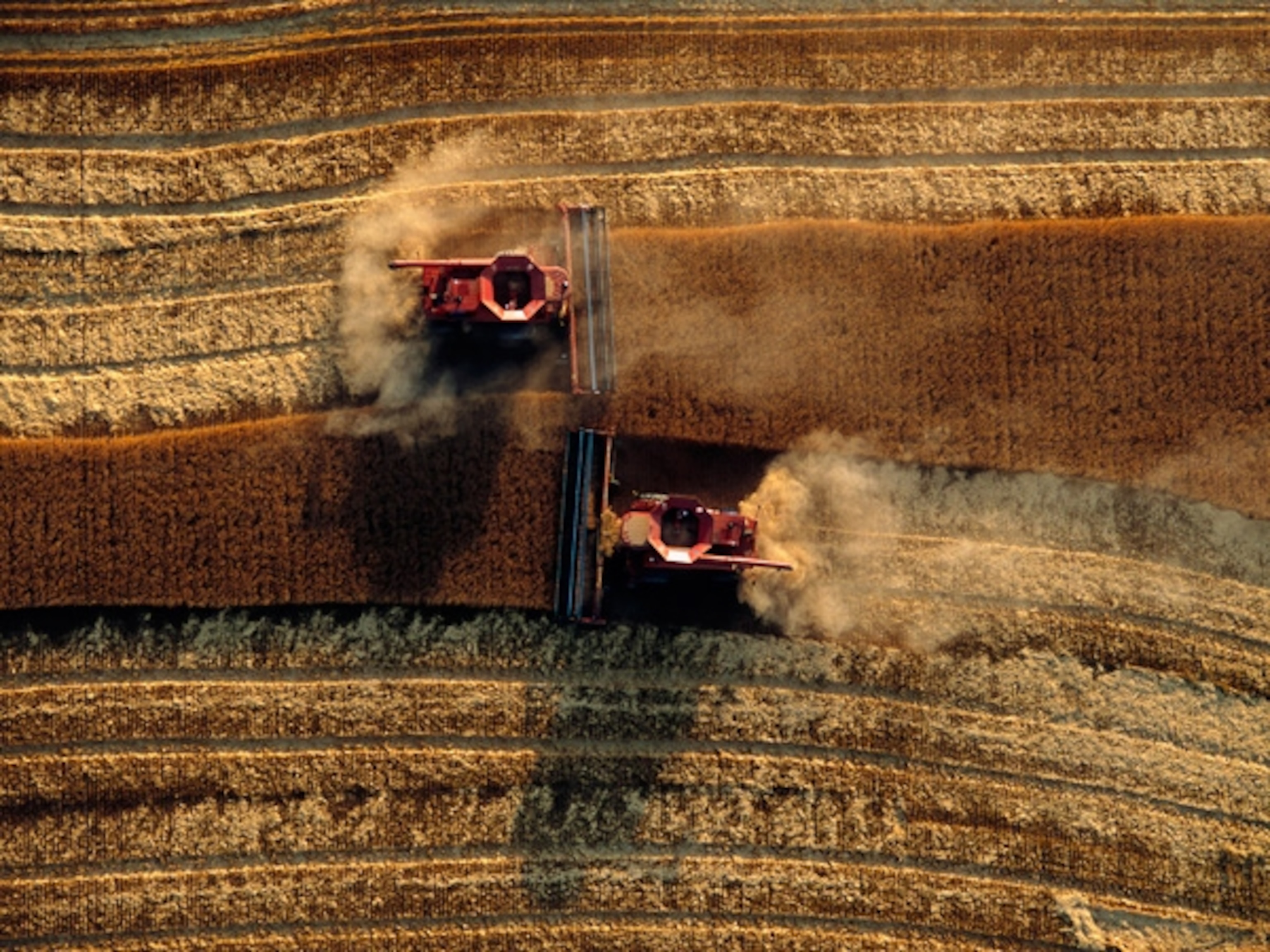 Combines tilling a field