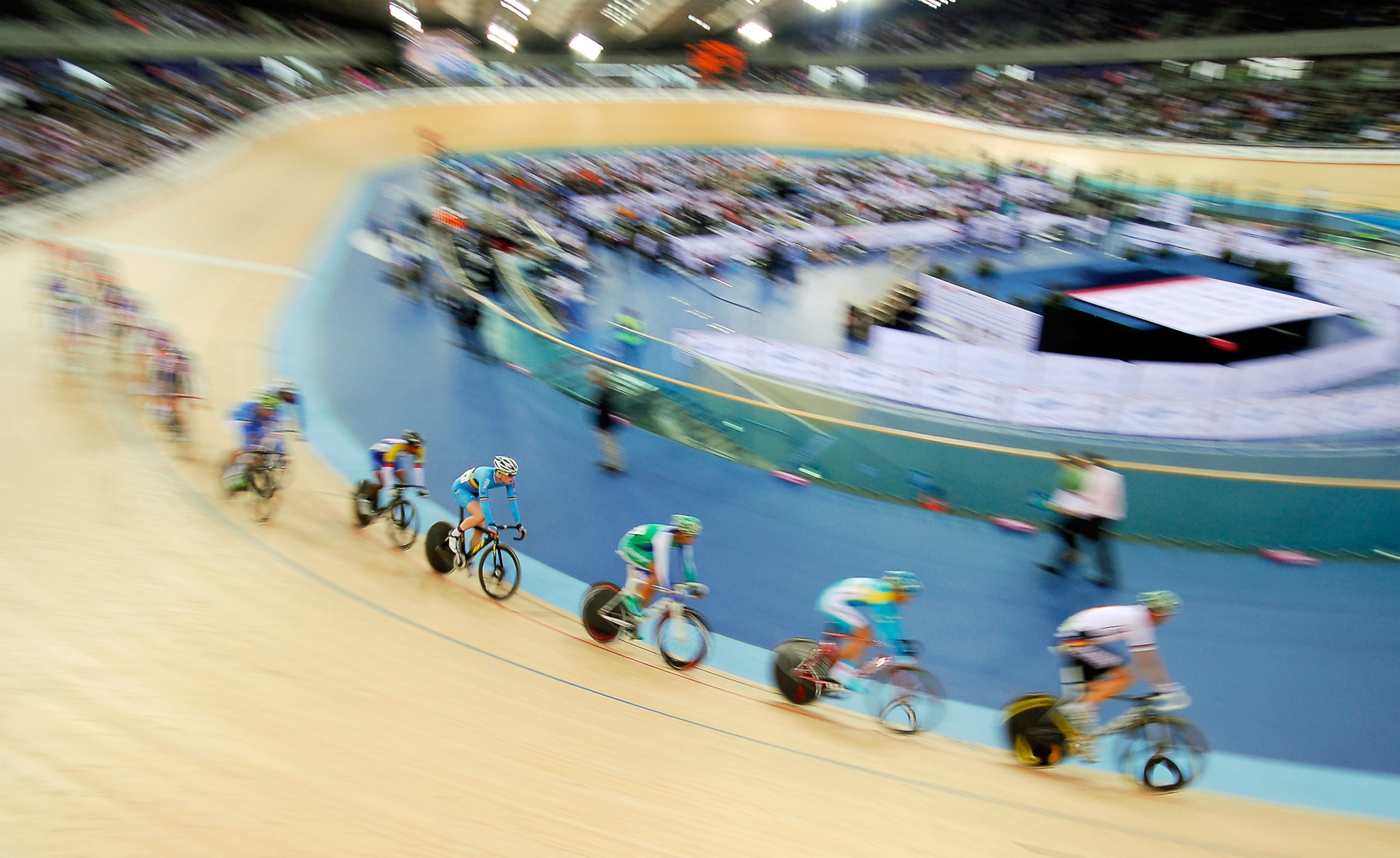 Cyclists on the Velodrome track, at London’s Olympic Park