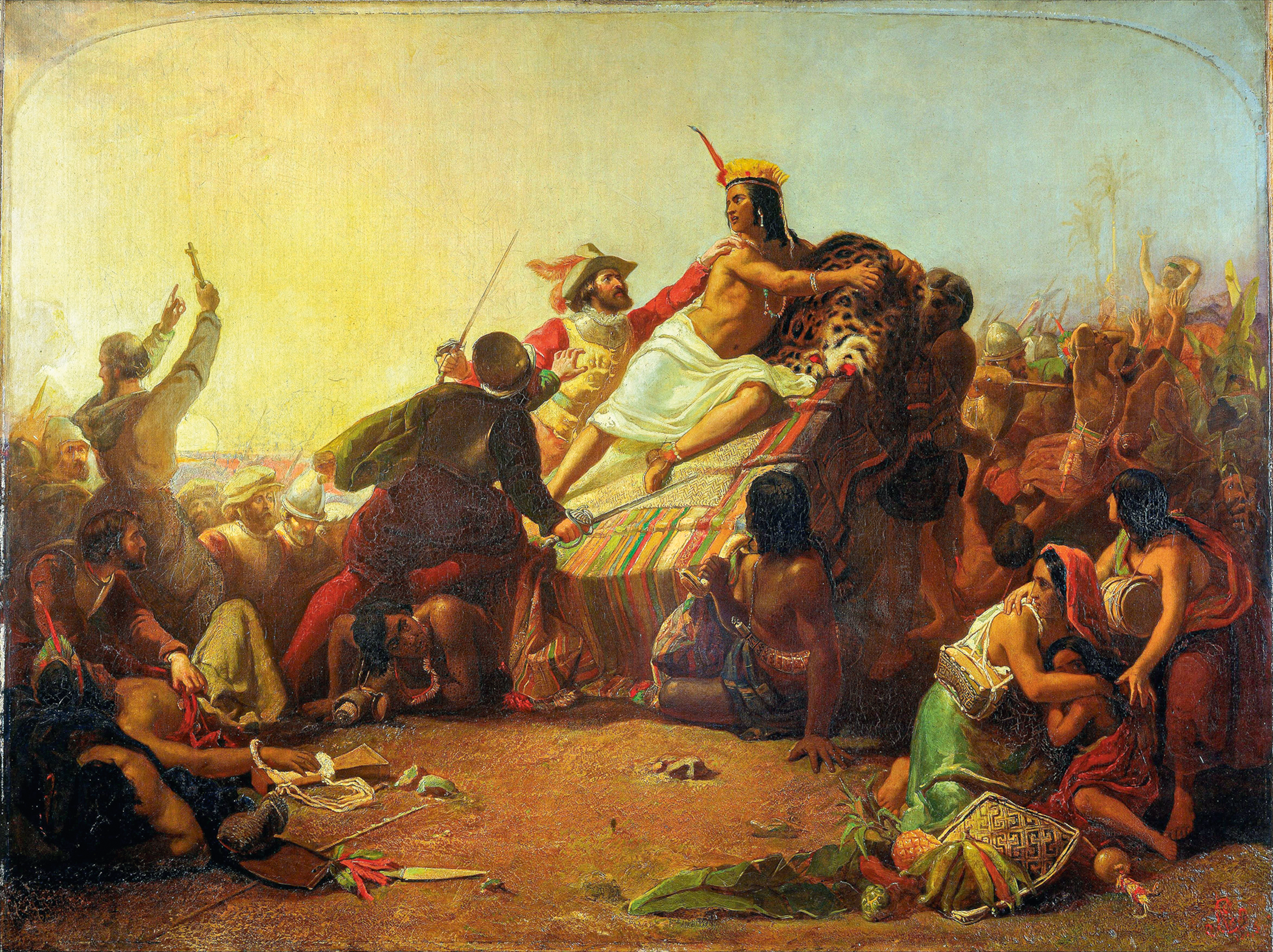 Painting of Francisco Pizarro taking the Sapa Inca Atahualpa prisoner.
