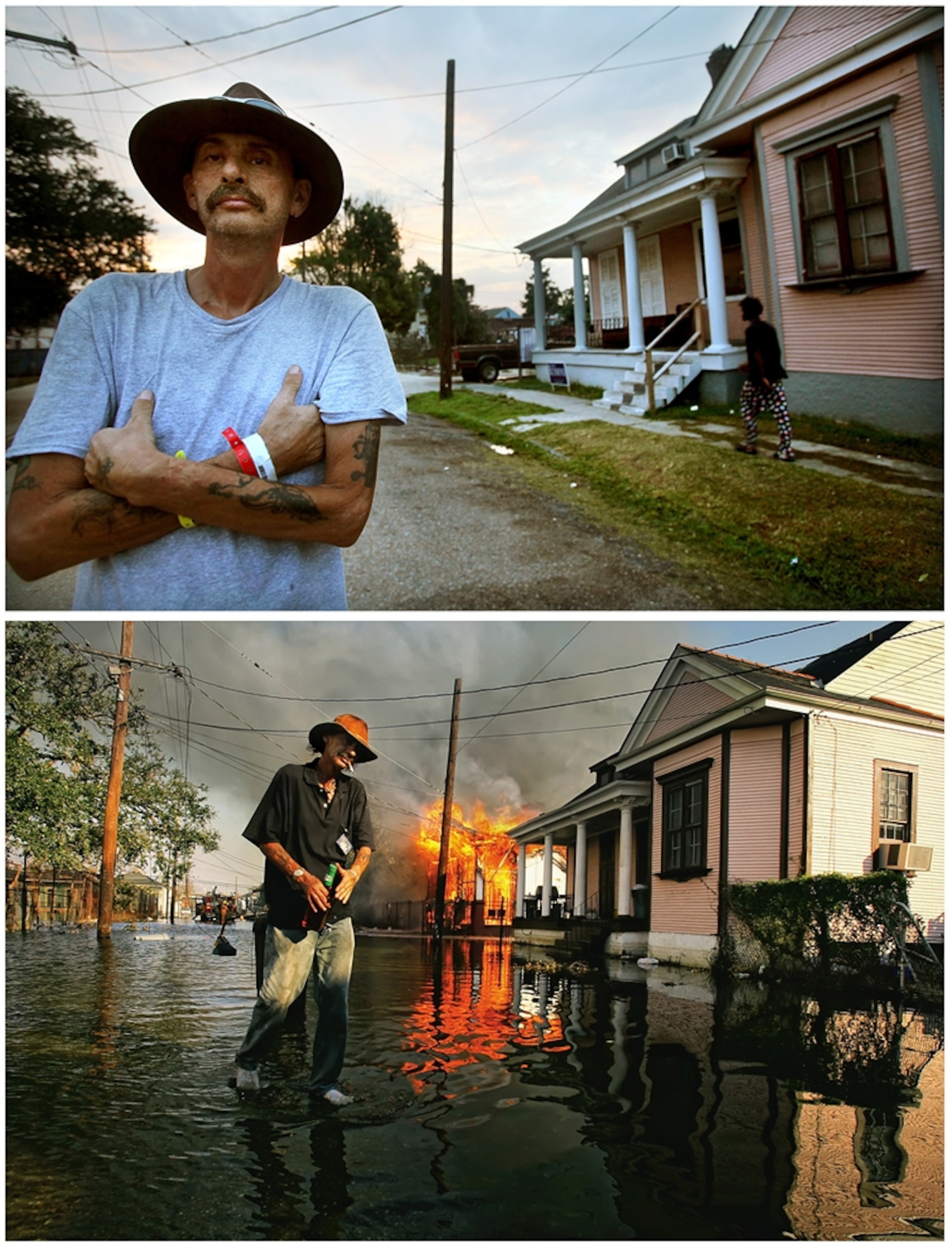 Then-and-now Hurricane Katrina fifth-anniversary pictures of Robert Fontaine on a New Orleans street.