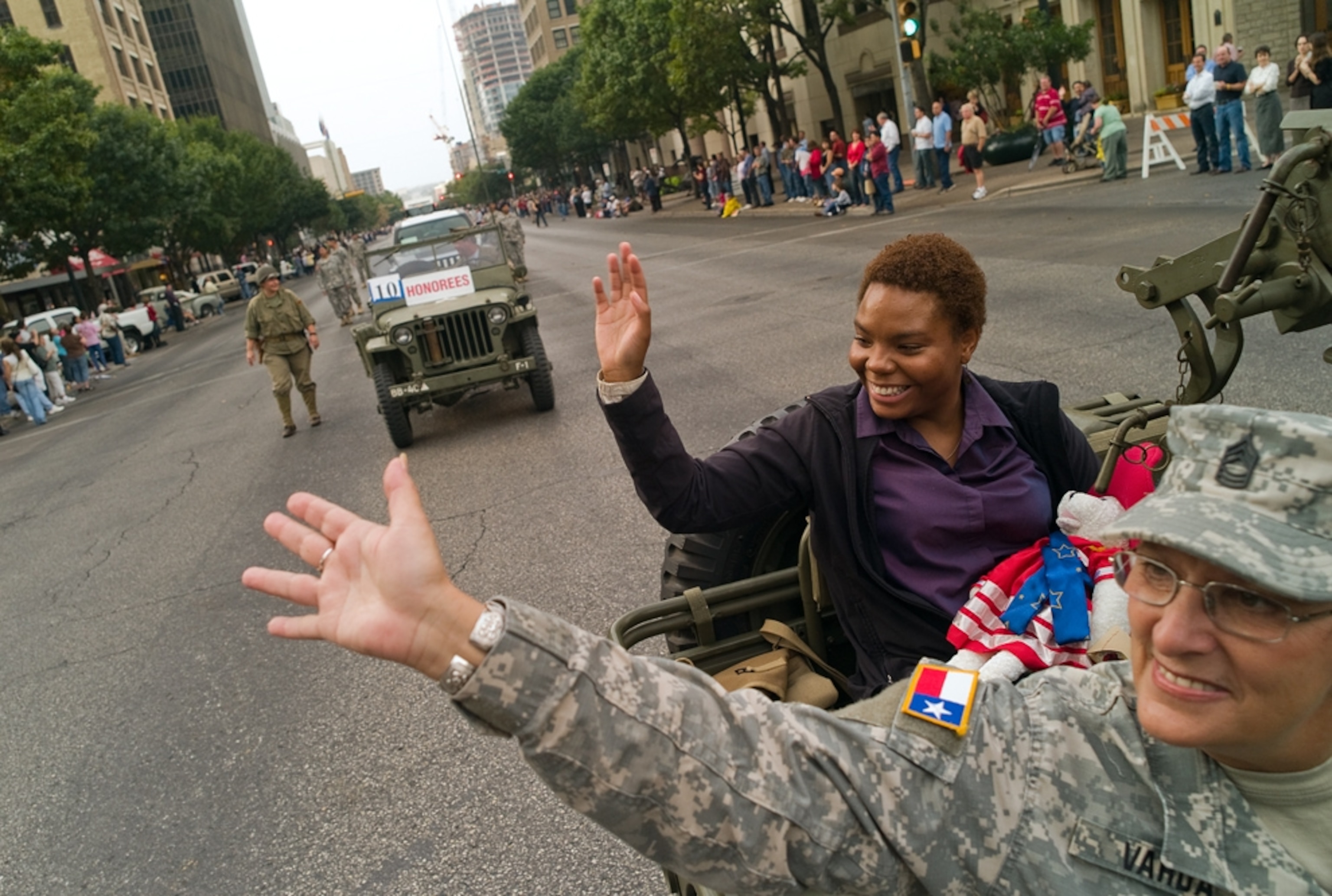 A young woman Iraq war veteran during an Austin Veteran's Day parade.