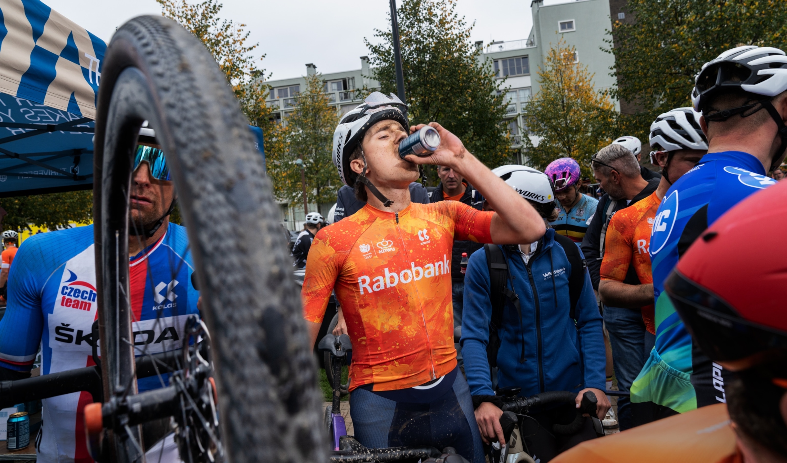 A cyclist at the Gravel World Championships in Maastricht, a Dutch city just across the border from Belgium, quenches his thirst after a five-hour race with a can of nonalcoholic Thrive Beer