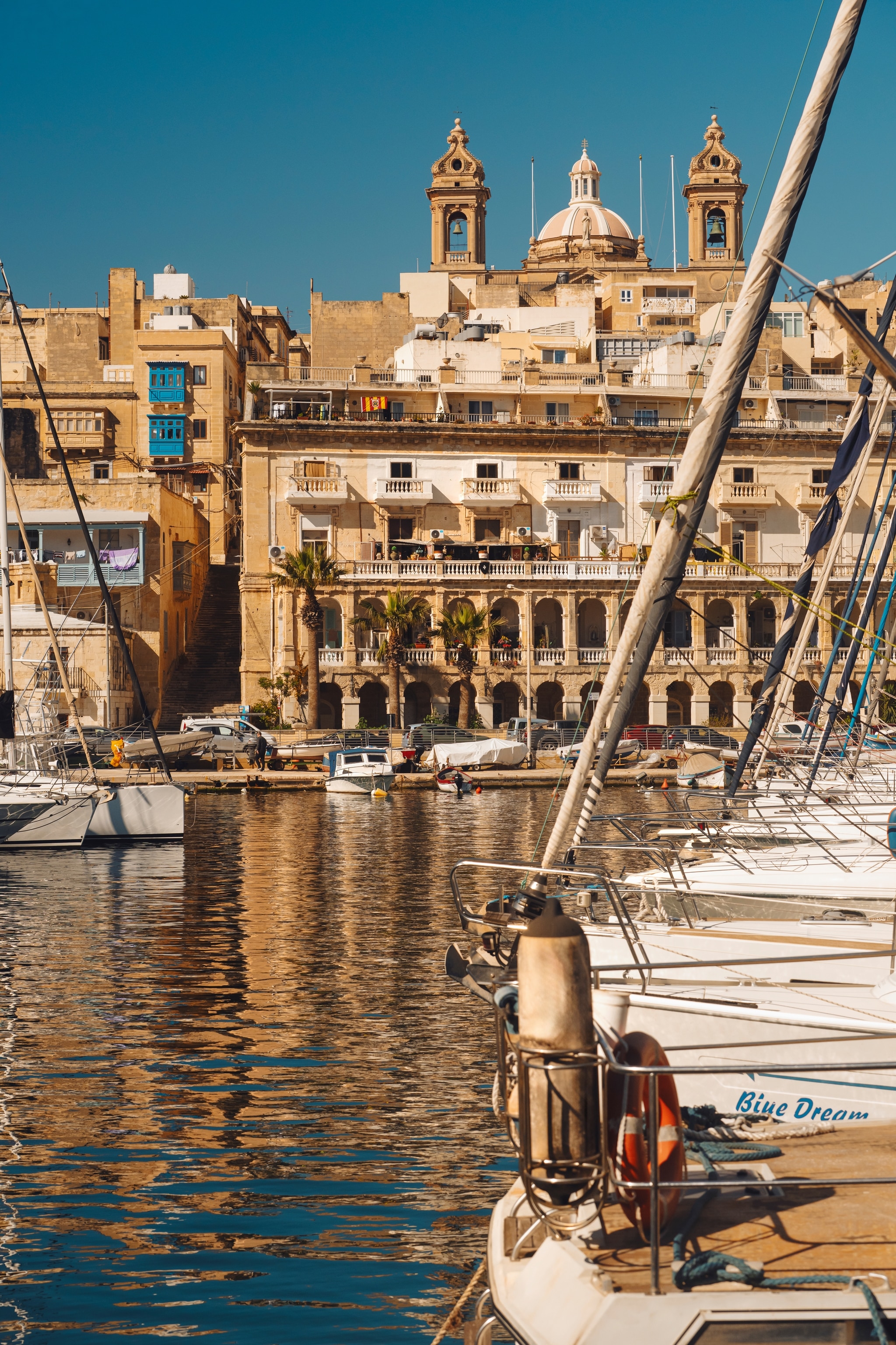 Marina with boat and light buildings