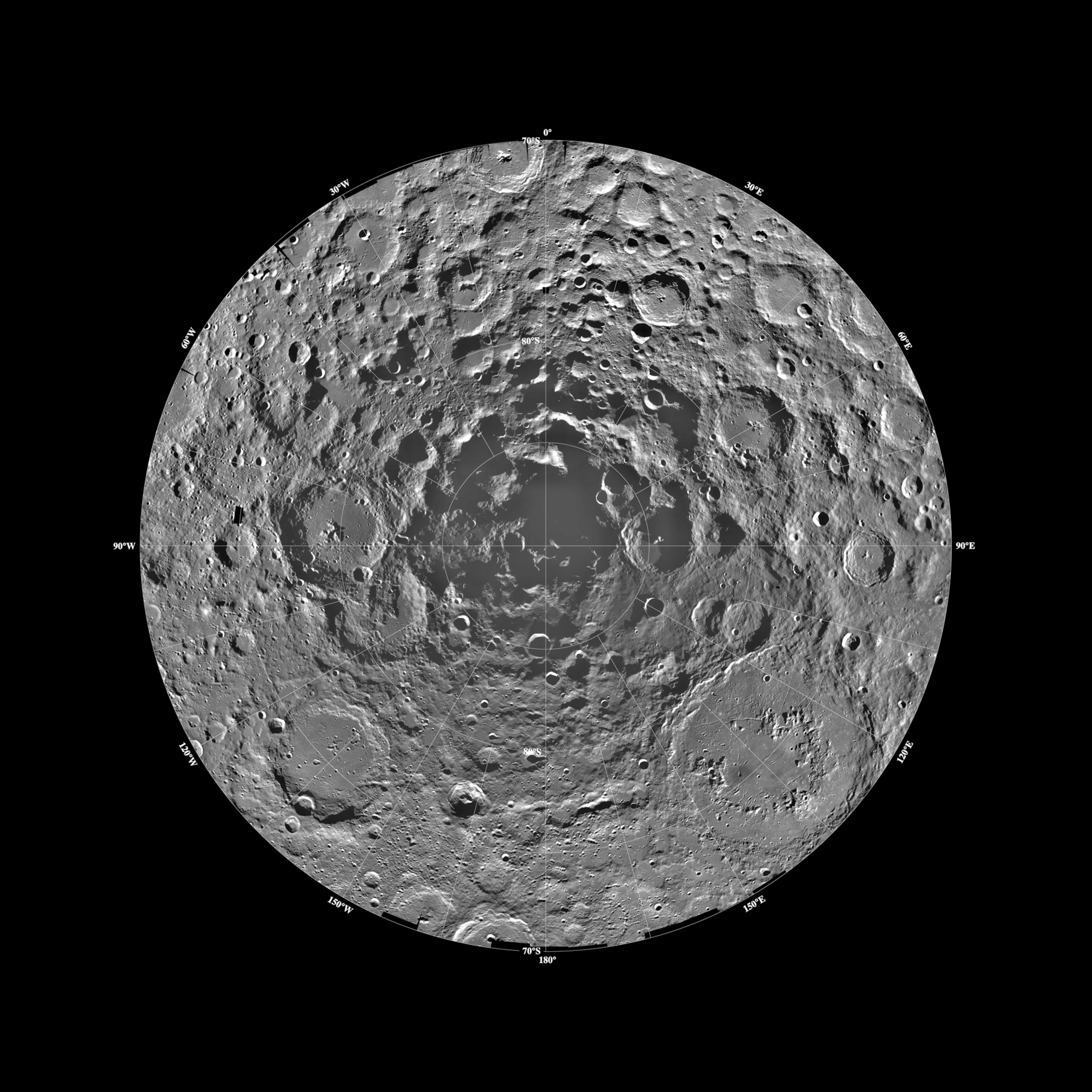 A view of the lunar surface as seen from the Moon's South Pole