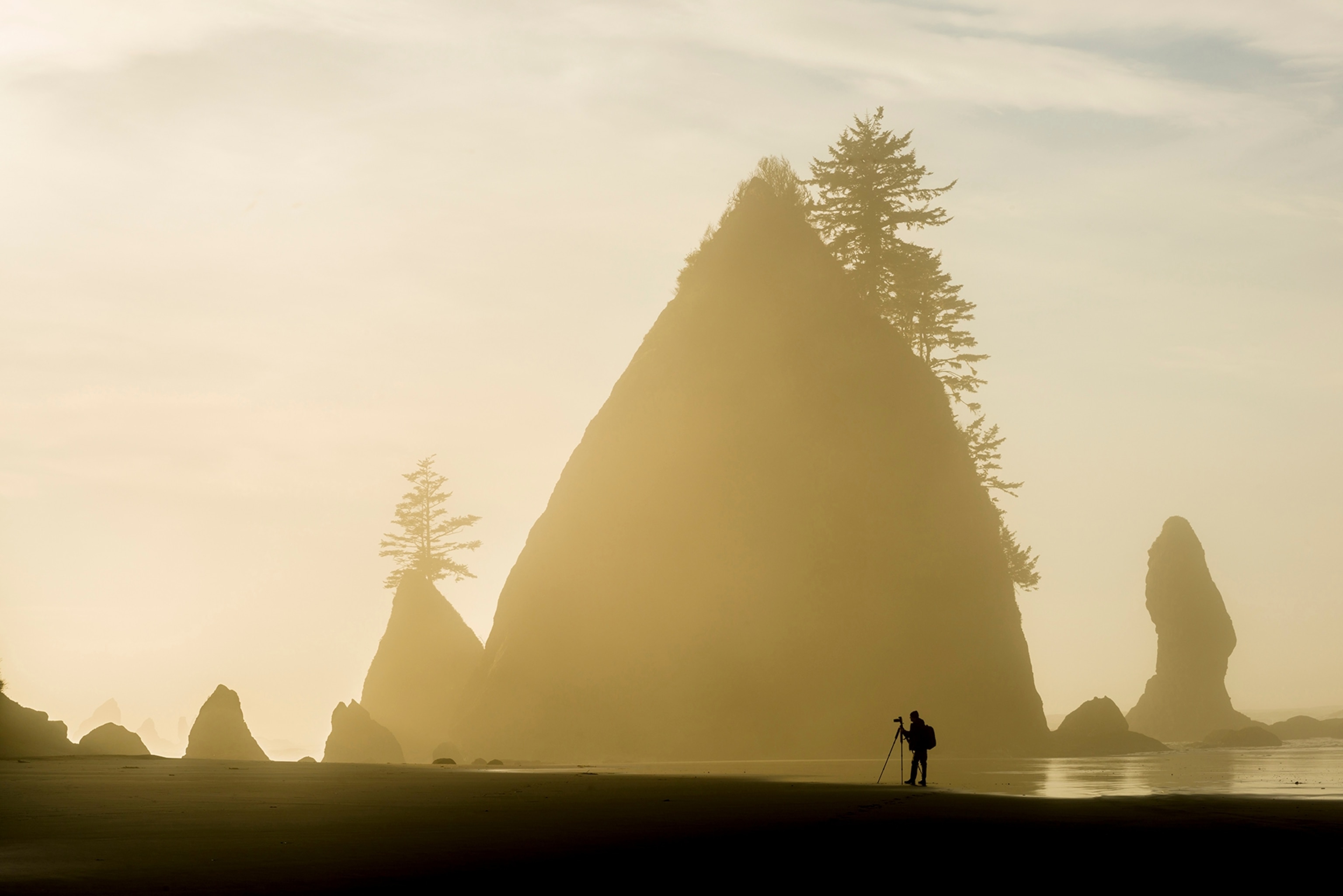a photographer and rock formations, Olympic National Park, Washington State