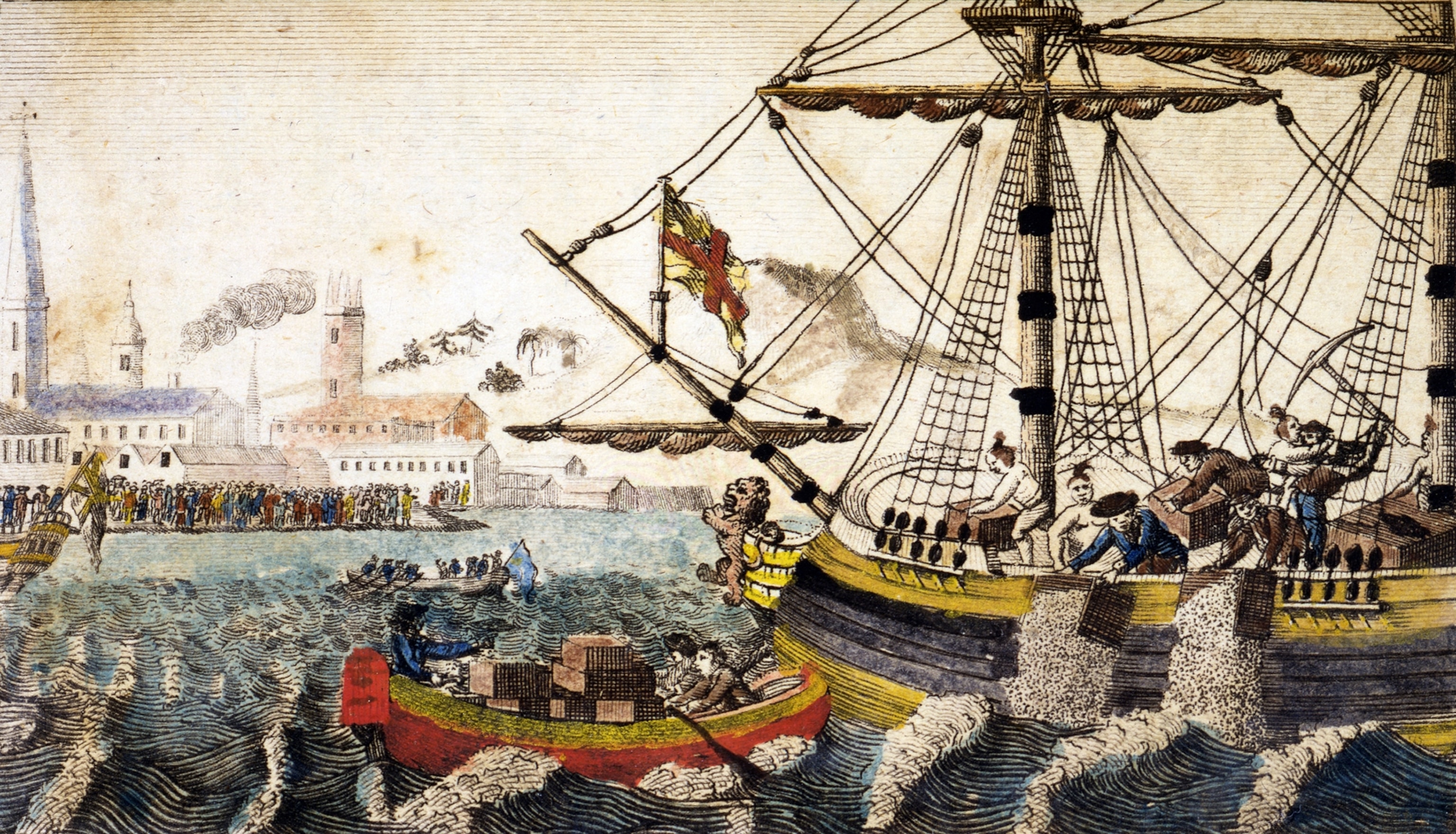 An engraving of a boat in the water approaching a crowd on the edge of a town.