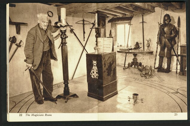 Gerald Gardner, the founder of modern Wicca, in the Magician&rsquo;s Room at the Witches Mill on the Isle of Man in the Irish Sea