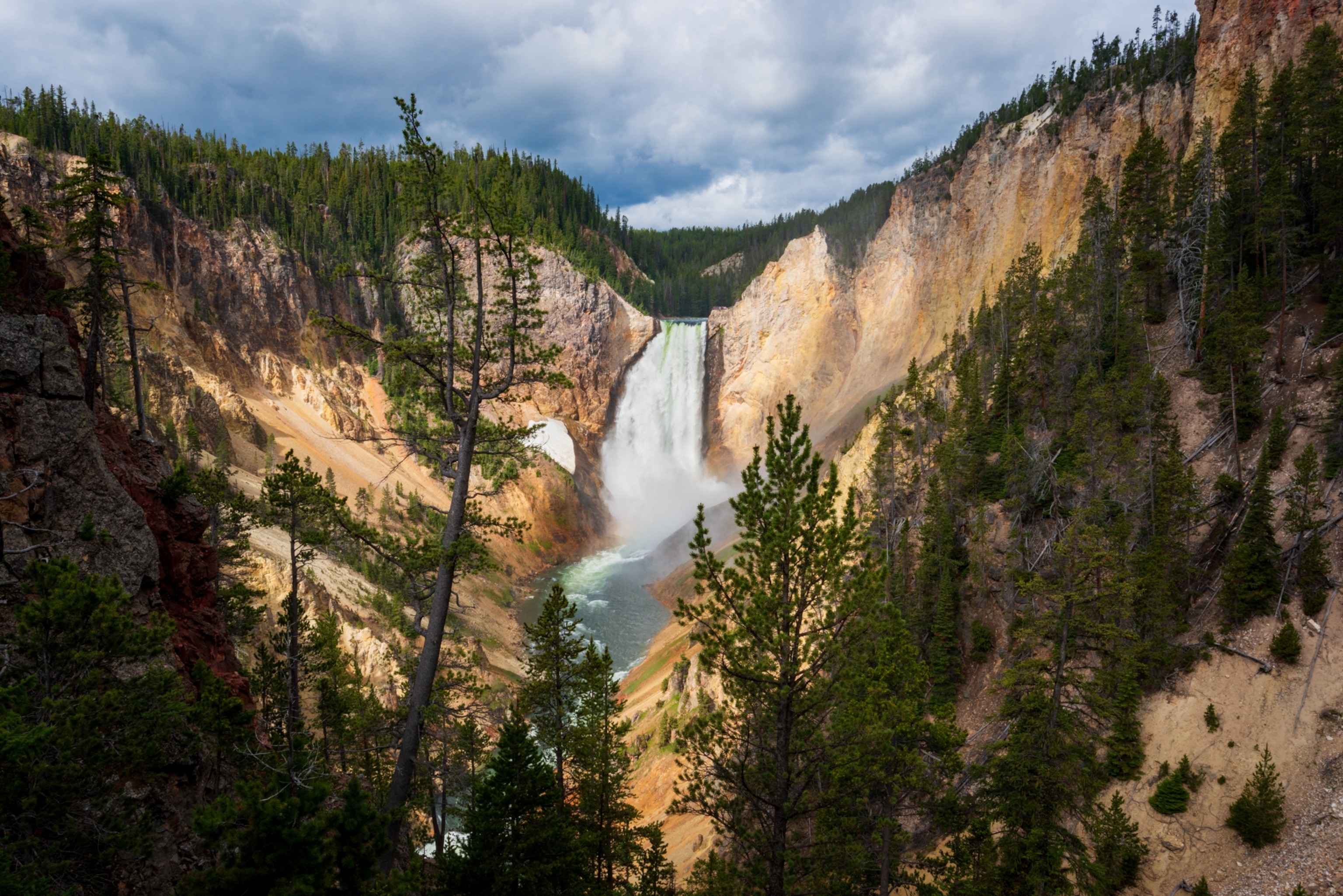 Red Rock Point at Grand Canyon of the Yellowstone and Lower Falls from Artist Point, Yellowstone National Park, Wyoming