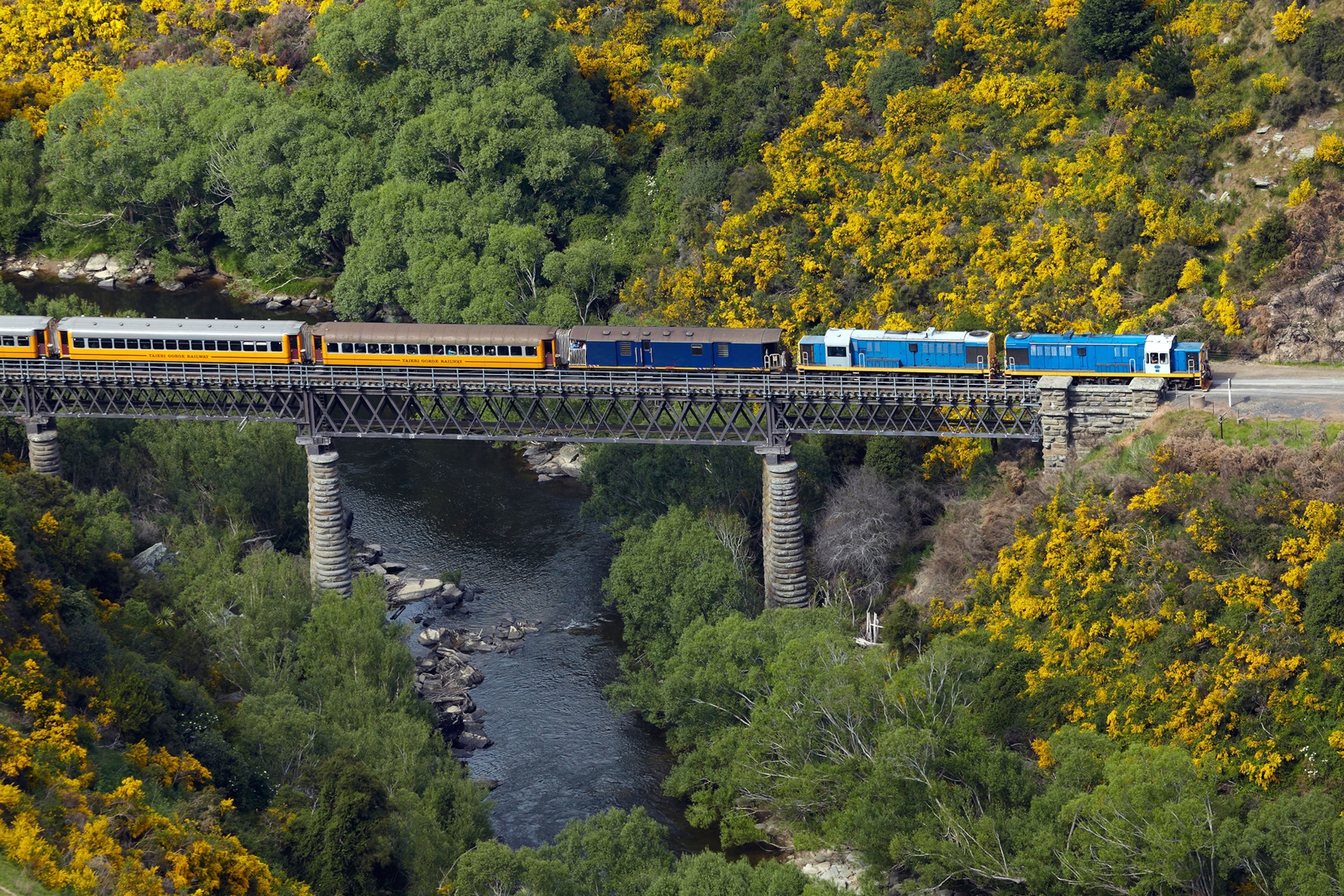 a heritage railway in new zealand passing through a forested mountain landscape