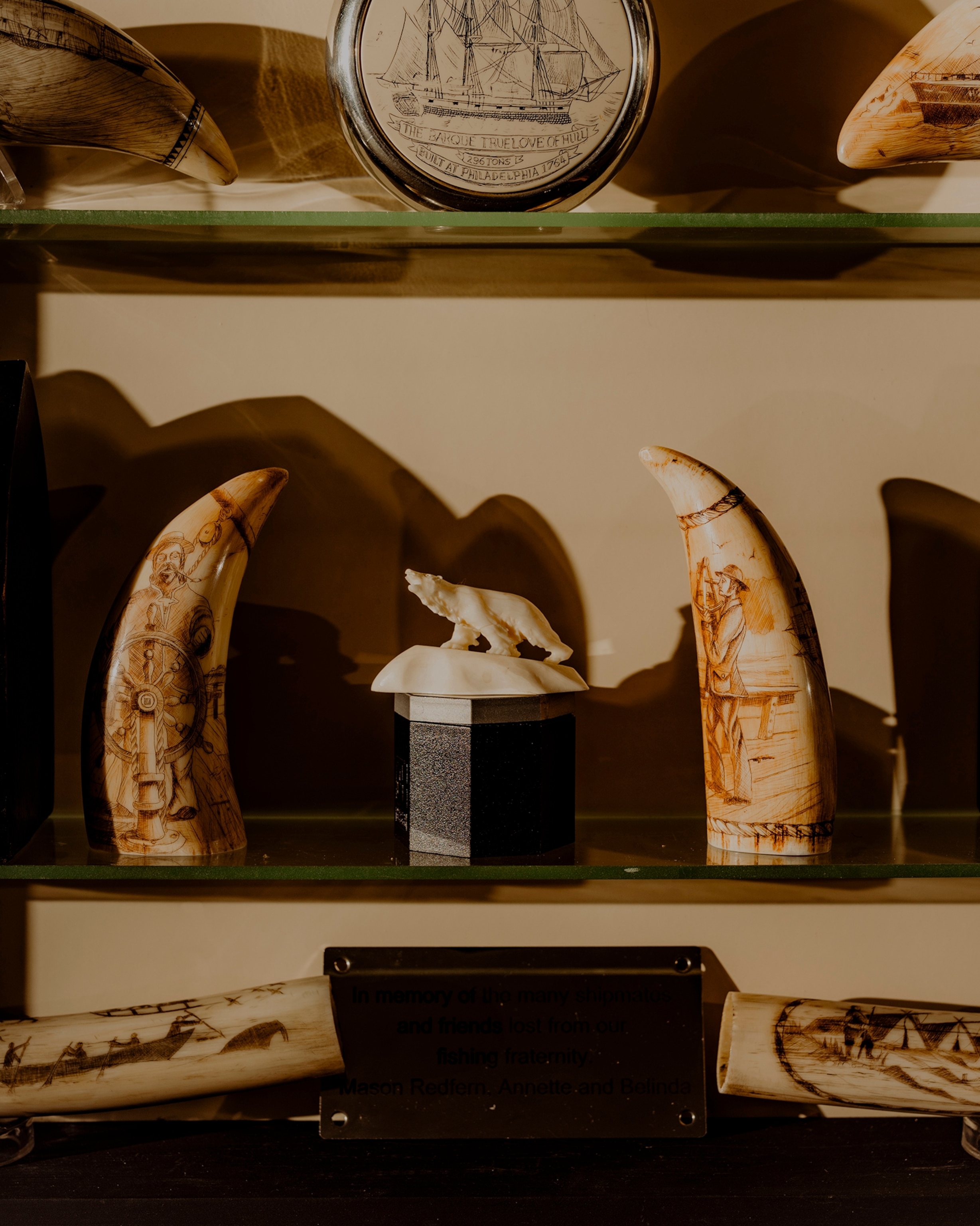 Hull, United Kingdom — July 2025: Scenes from Hull’s maritime heritage and community, showing a display of scrimshaw at the Fishing Heritage Centre, including an ivory carving of a polar bear at its centre.