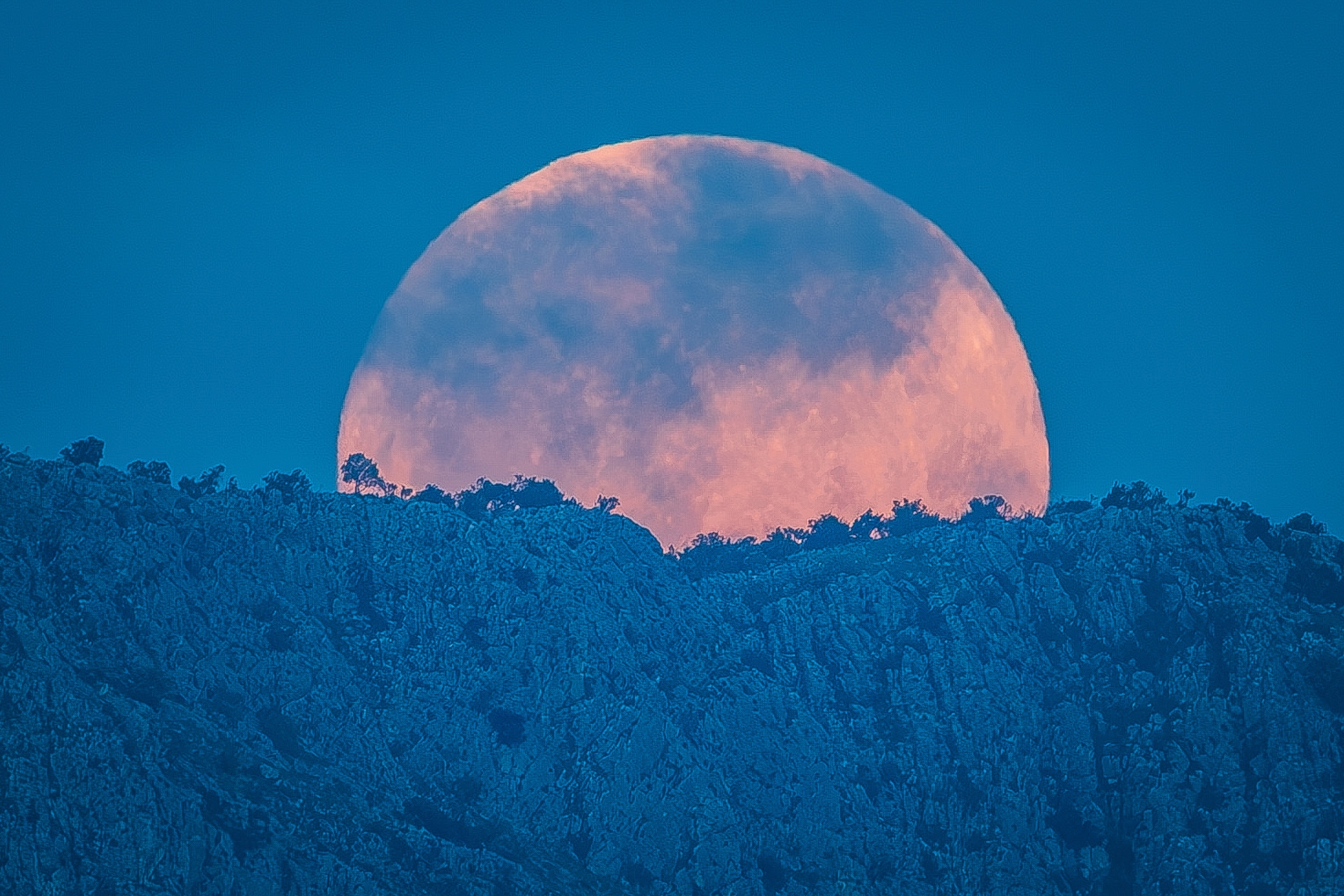 A enormous full moon rising above a snowy mountain peak