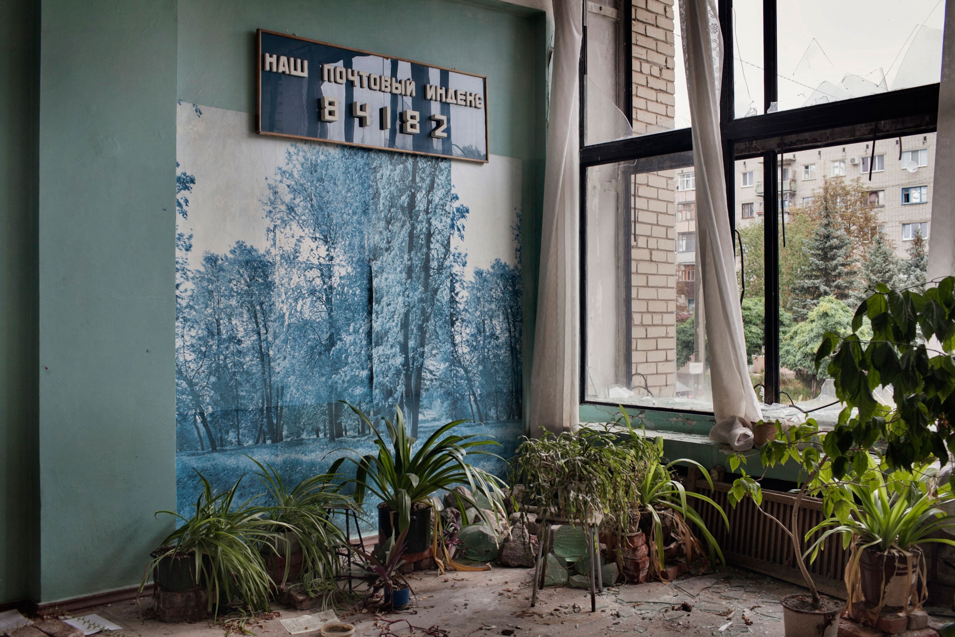 The interior of the post office in Mykolayivka, Donetsk Oblast, which was damaged by shelling.