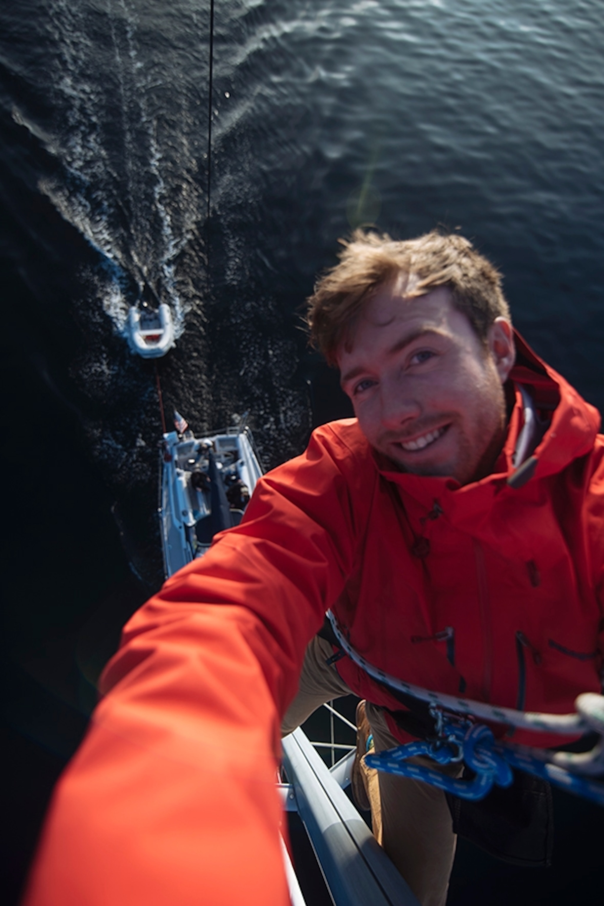A selfie from the top of the mast en route back to Seattle; Photograph by Max Lowe