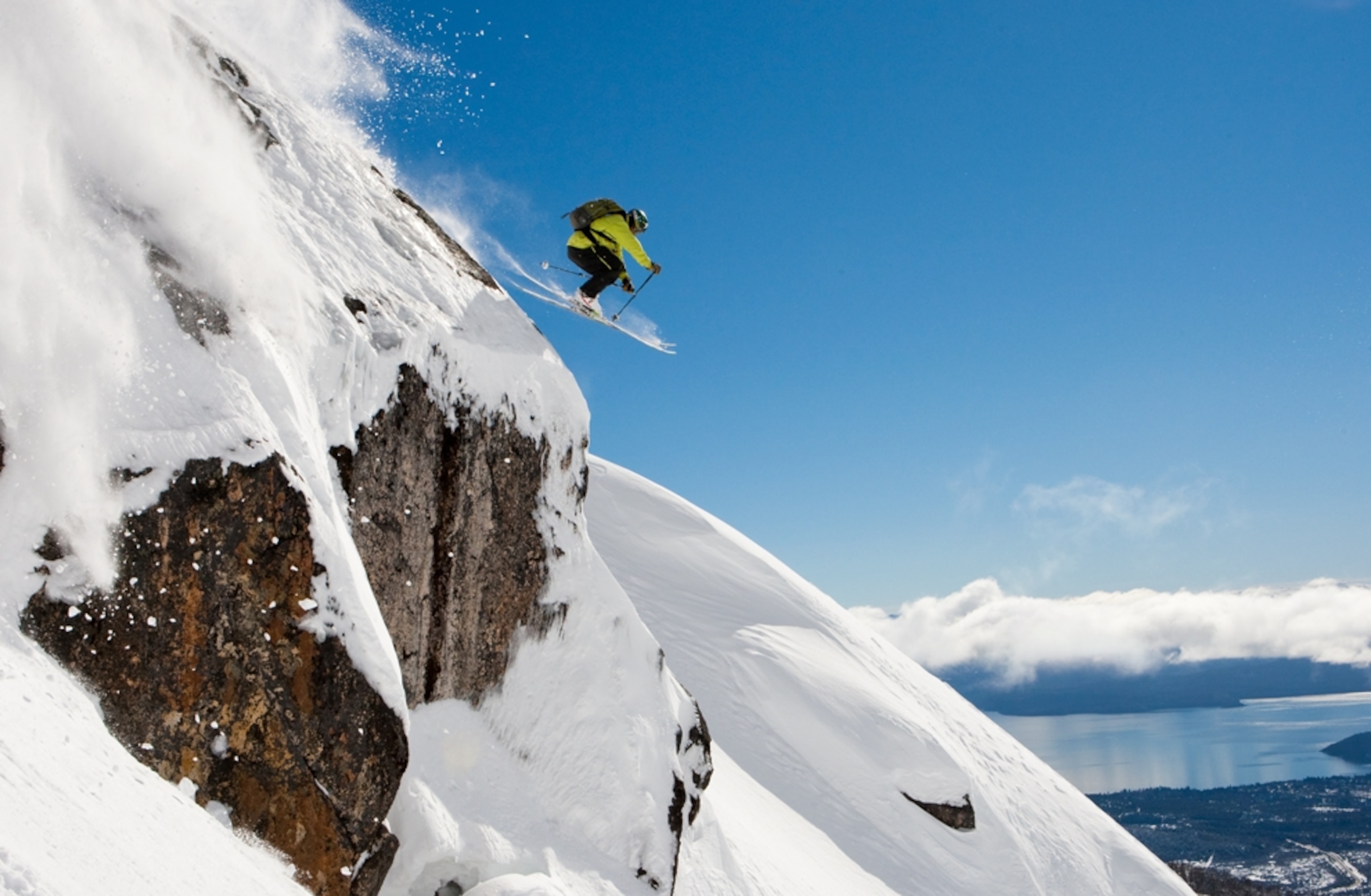 A skier jumps off a cliff at Cerro Catedral in Argentina