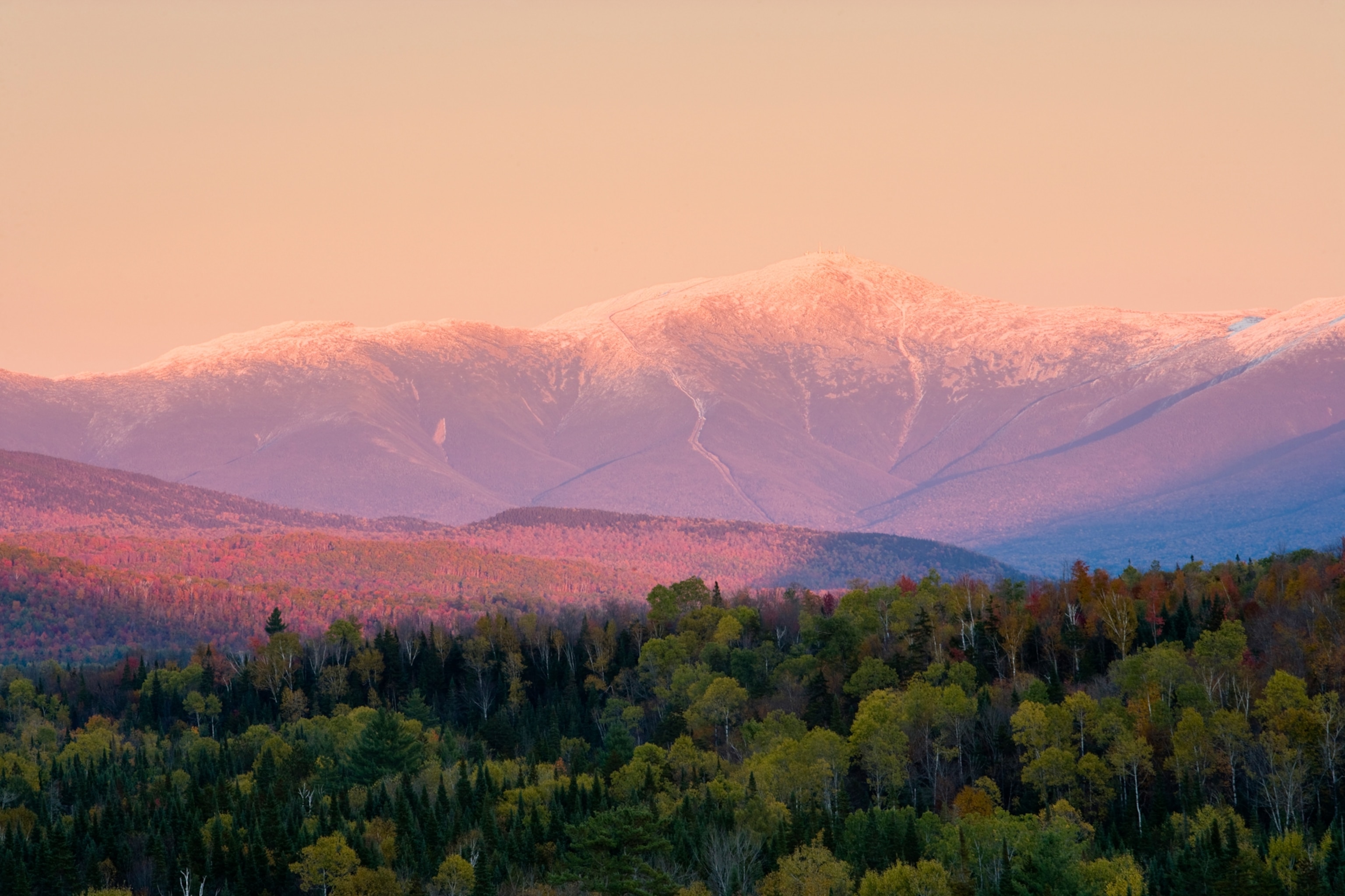 Dusk and Mount Washington in new Hampshire's White Mountains. Bethlehem, New Hampshire.