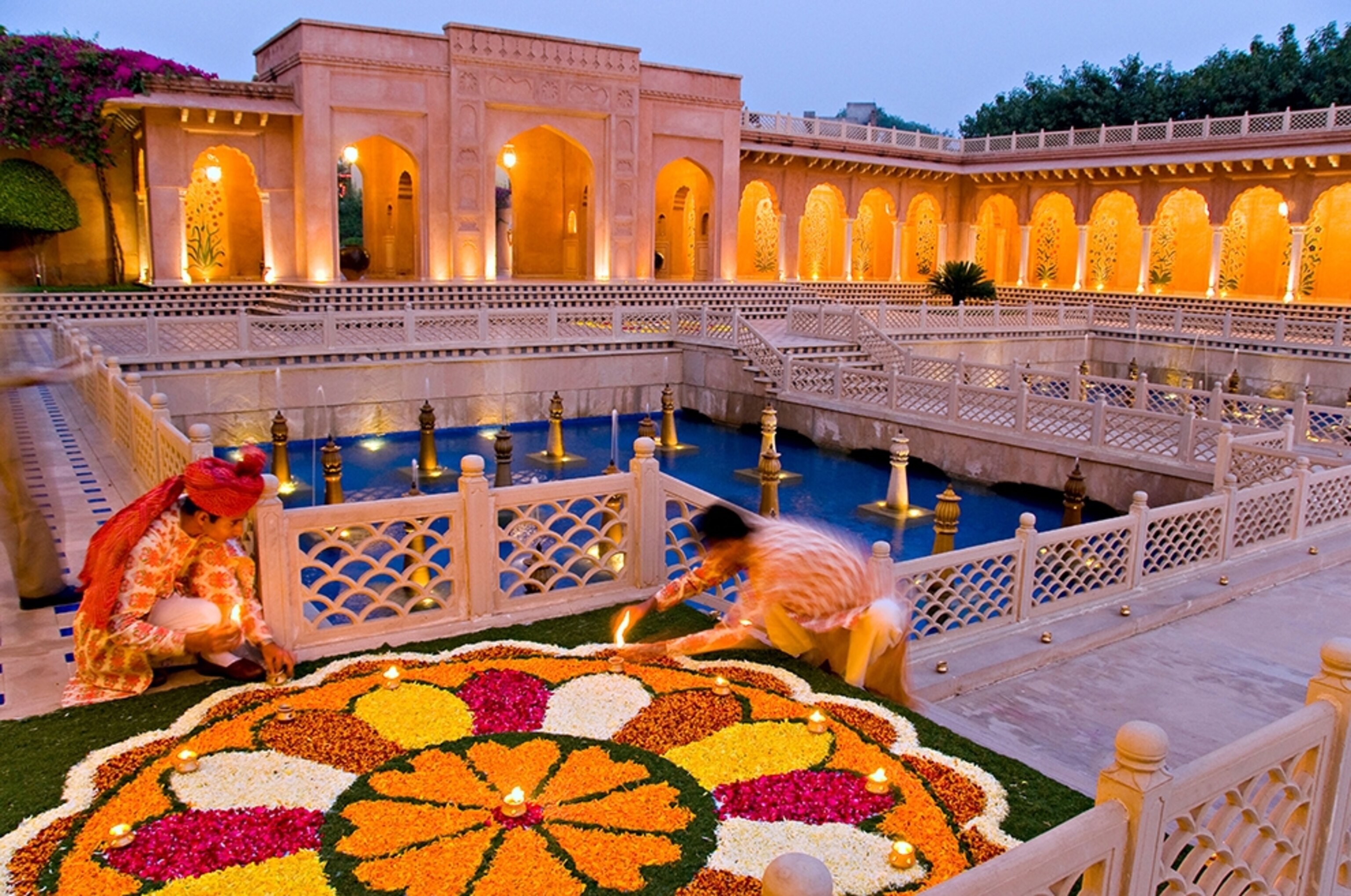 displays of flowers and candles at the Amarvilas Hotel during the Diwali Festival