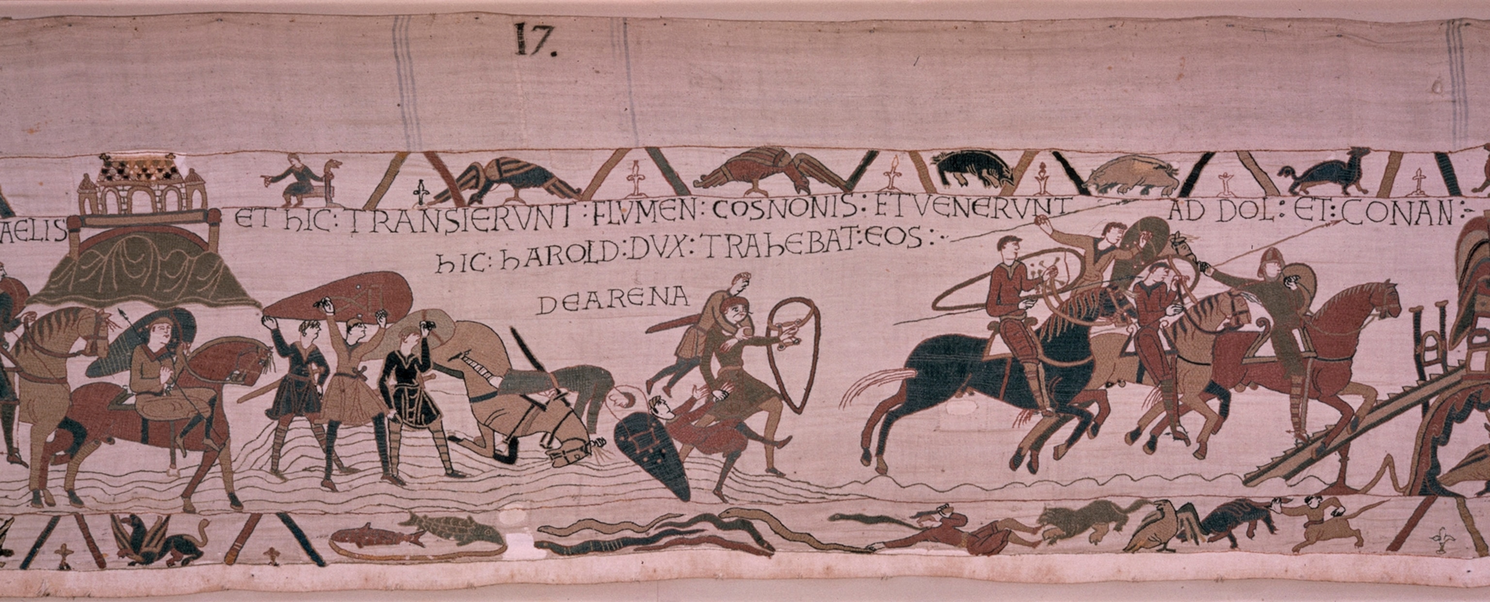 Scene from tapestry in which Harold rescues warriors from death.