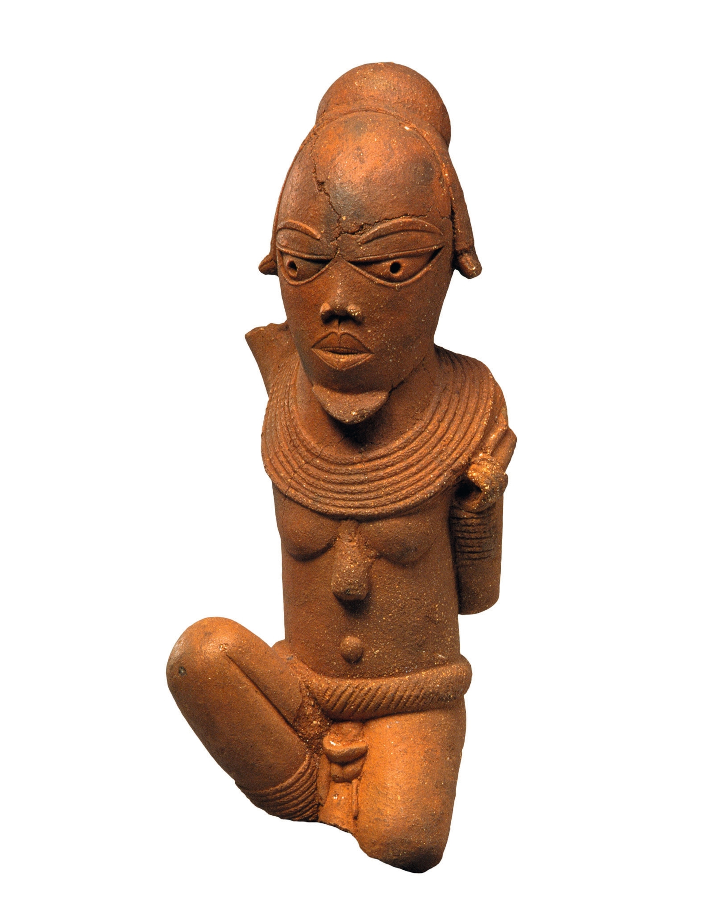 Sculpture of a male figure with one knee bent.